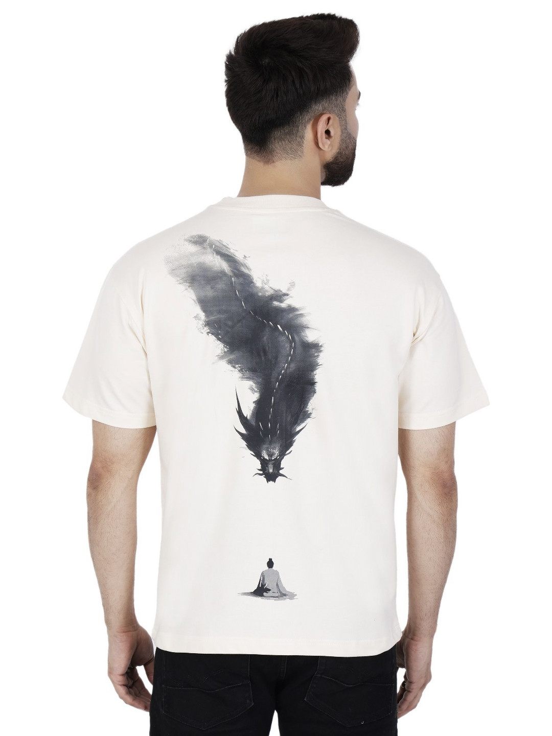 Hash and Dash Round Neck Drop-Shoulder Sleeves Oversized Cotton T-shirt