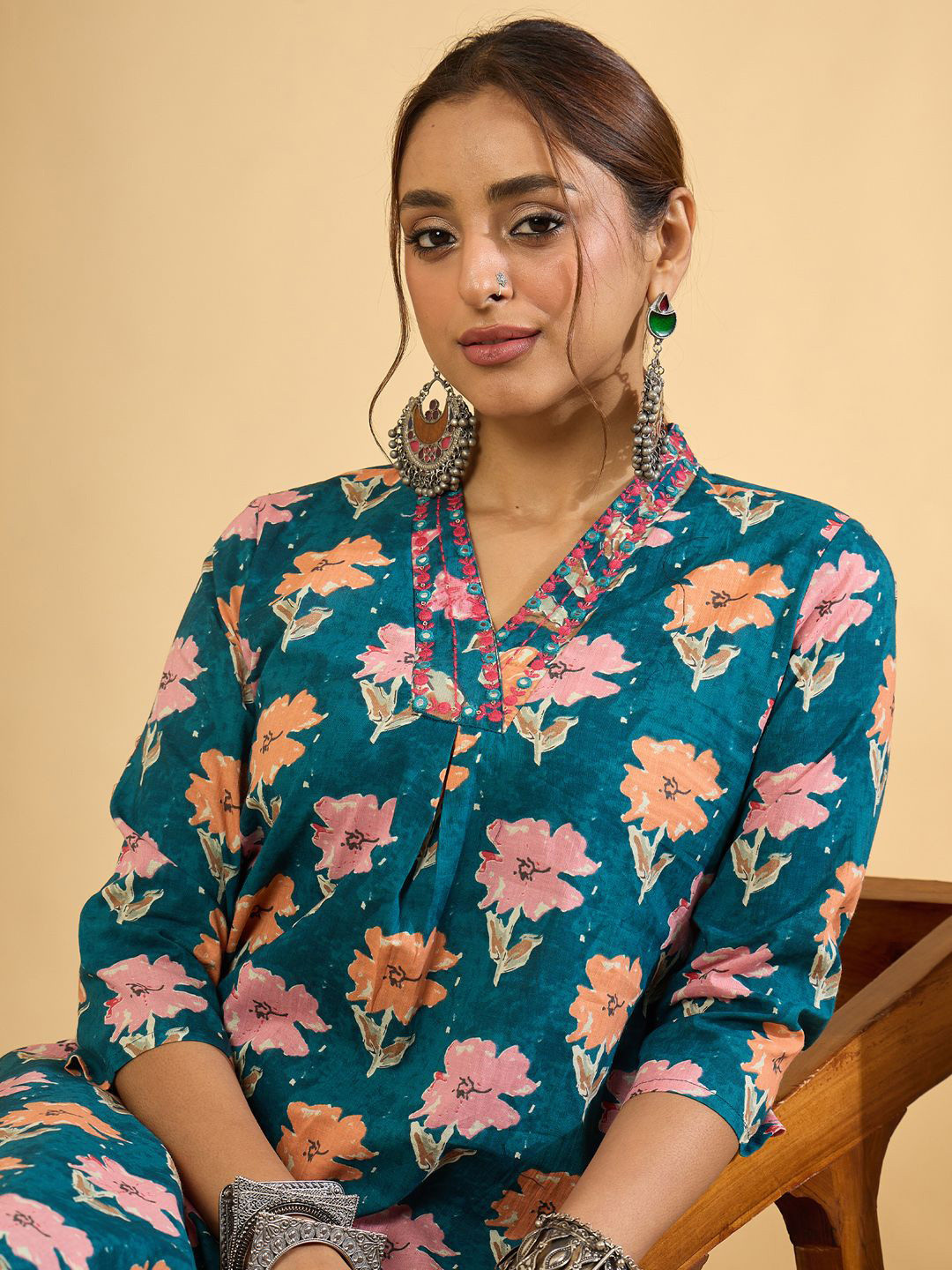 Indo Era Women Floral Printed Pleated Mirror Work Pure Cotton Kurta & Trousers