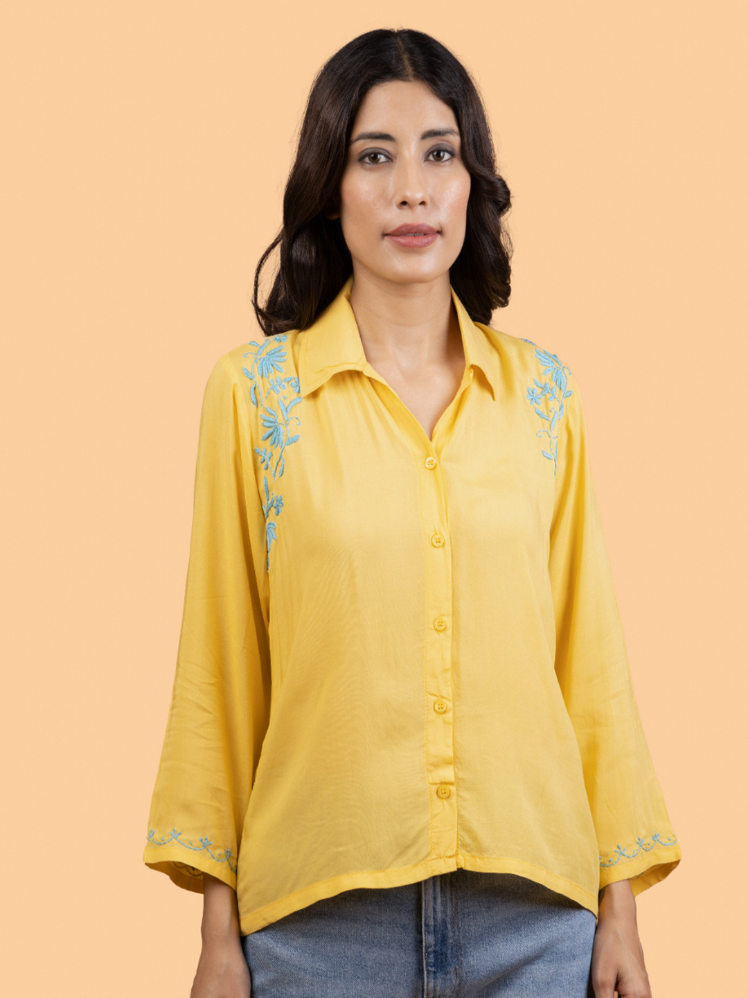 GHARANA INDIA Women Floral Embroidered Shirt Collar Top
