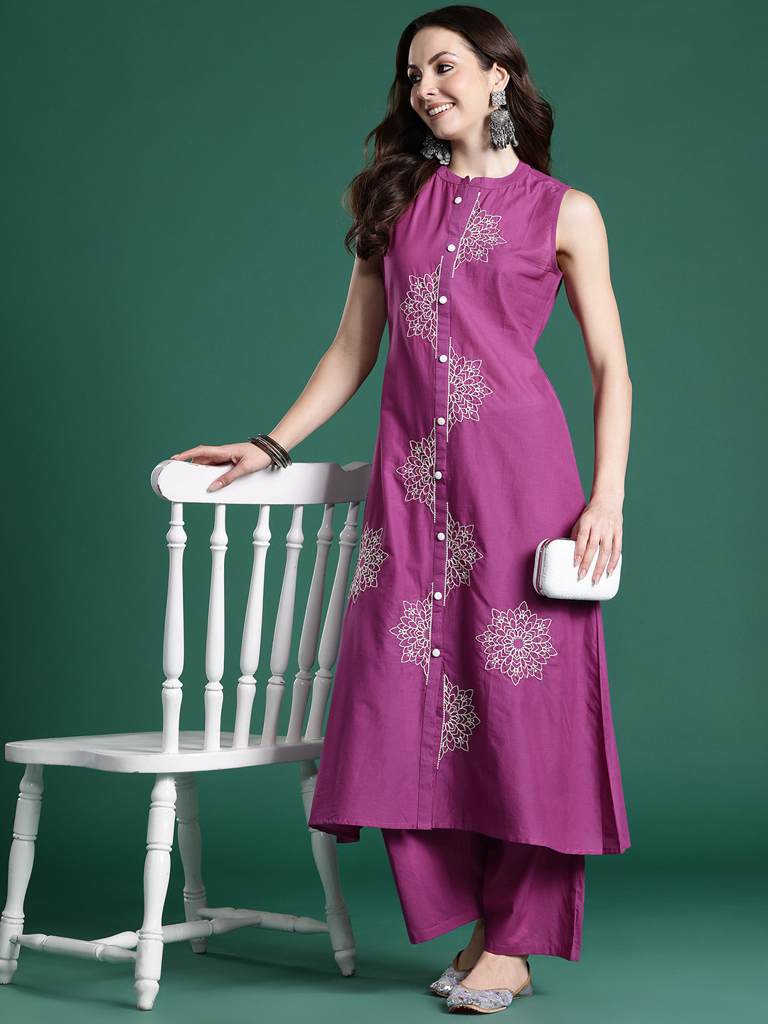 Indo Era Floral Embroidered Thread Work Pure Cotton Kurta with Palazzos