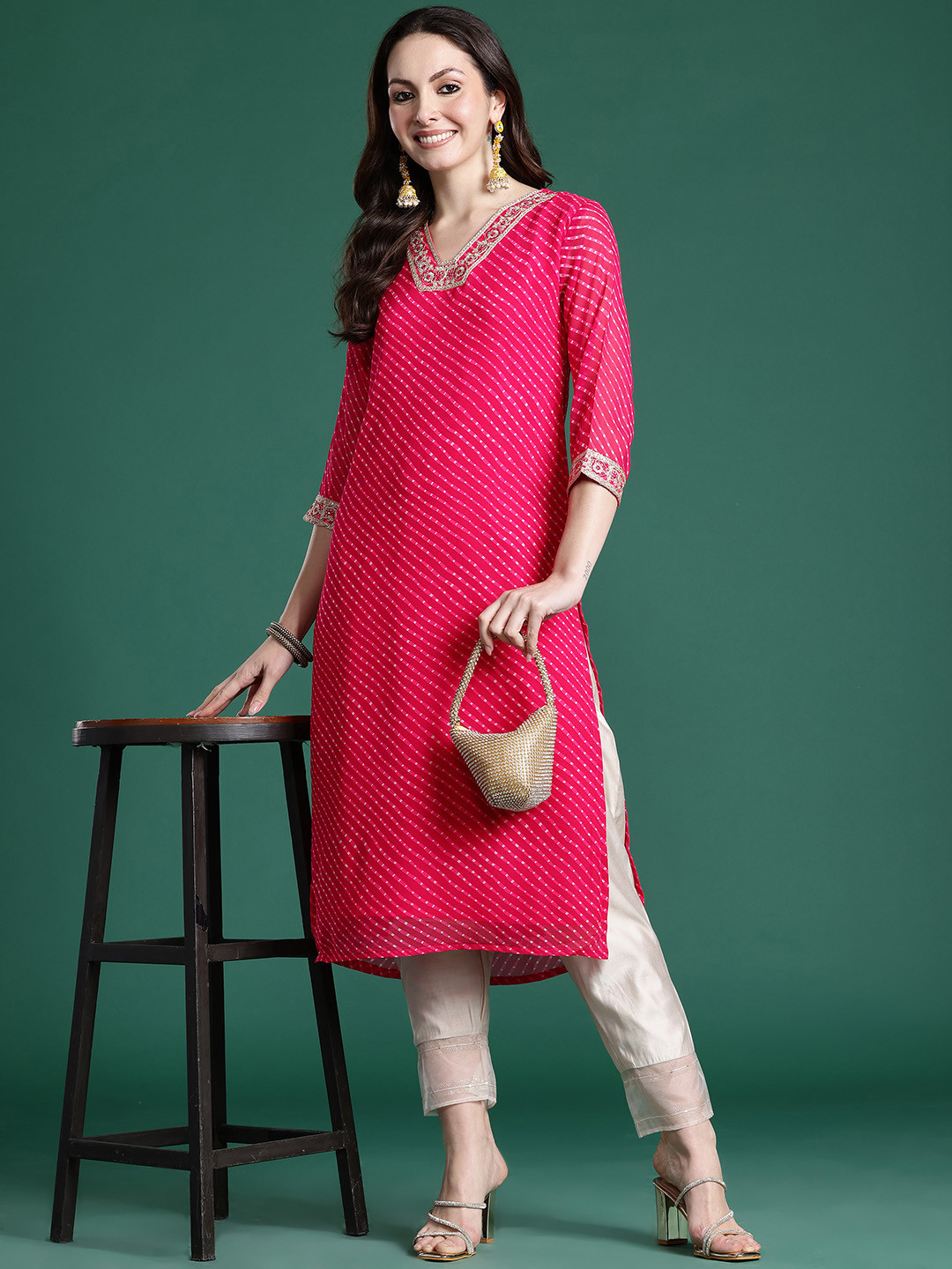 Indo Era Leheriya Printed Mirror Work Chiffon Kurta