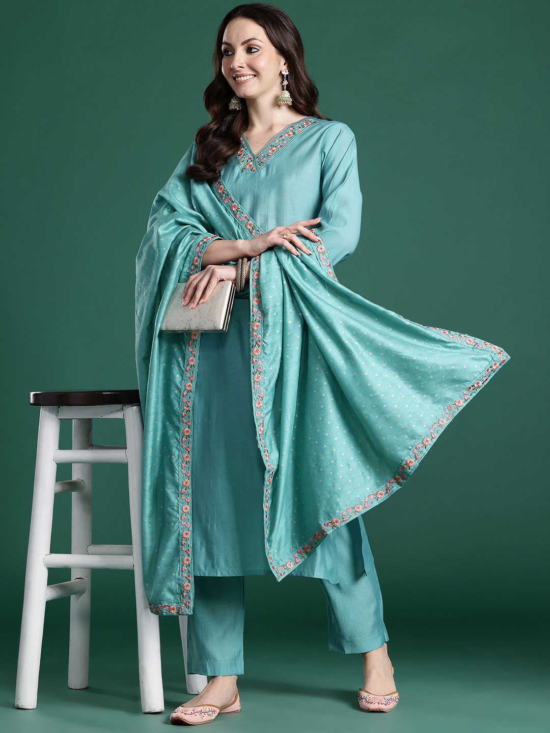 Indo Era Floral Embroidered Thread Work Kurta with Trousers & With Dupatta