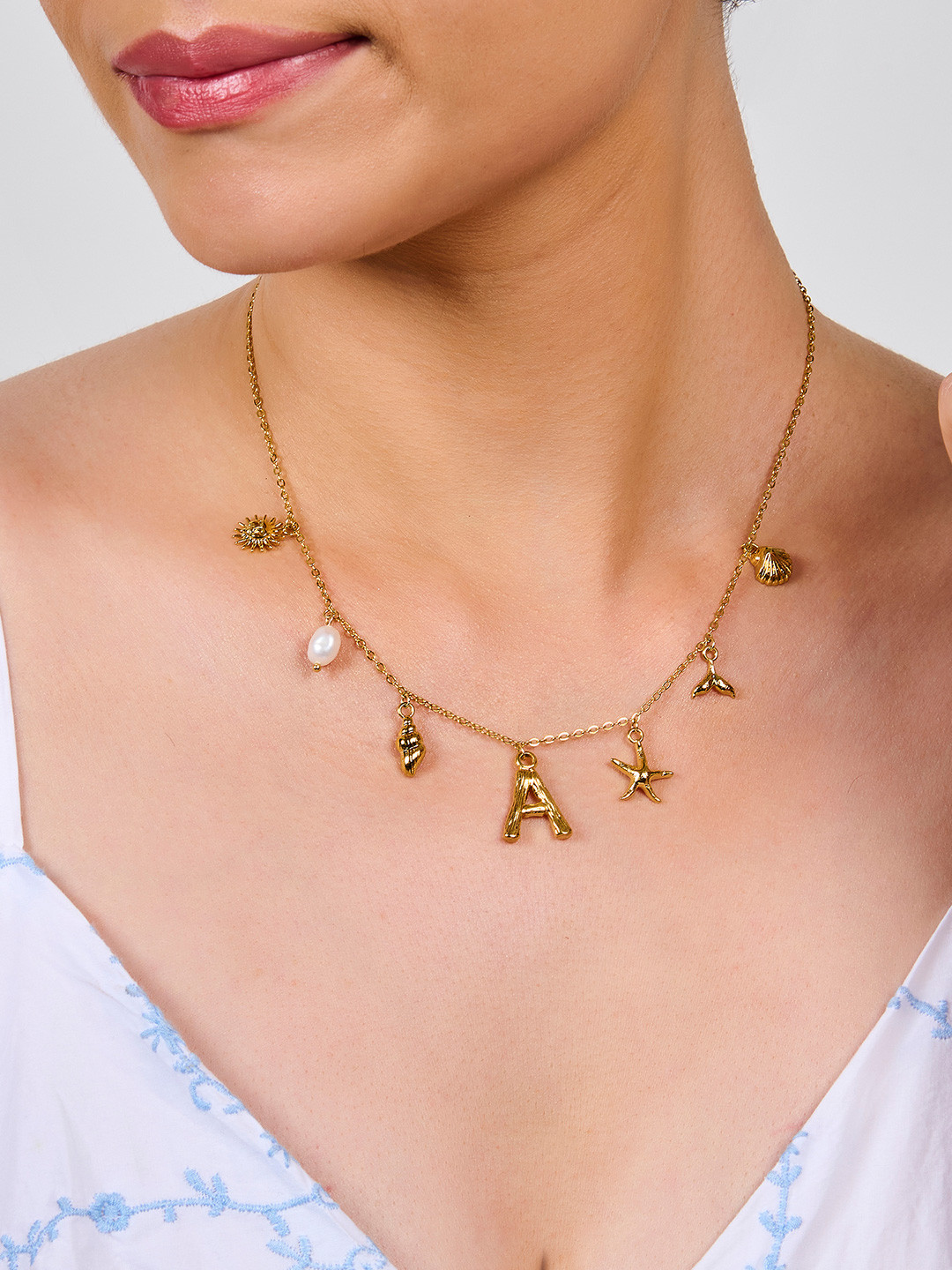 AQUASTREET 18K Gold Plated Waterproof Anti-tarnish Initial Letter A Sea Charm Necklace