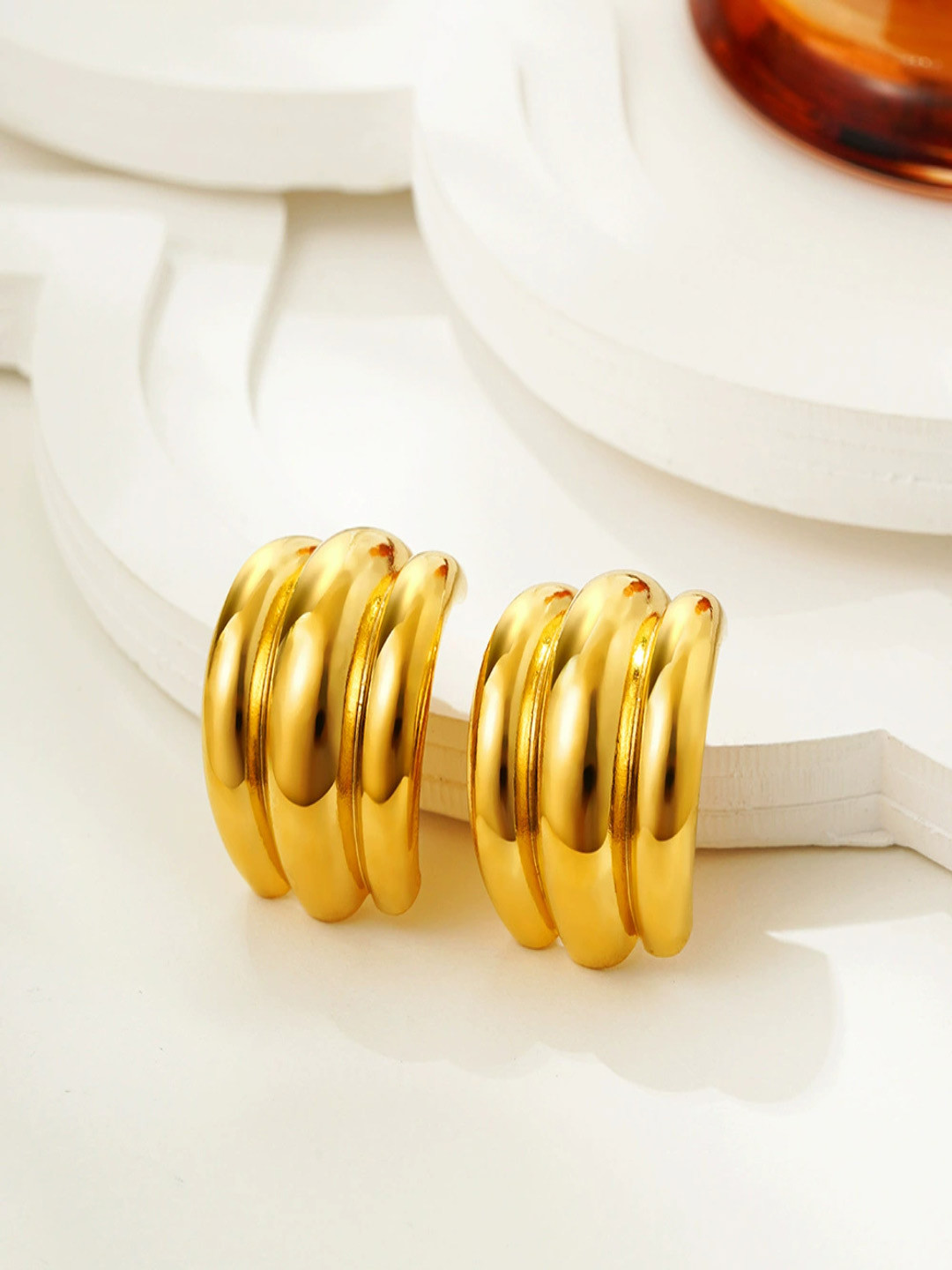 AQUASTREET 18K Gold Plated Waterproof Anti-tarnish Chunky Ribbed Curved Half-Hoops