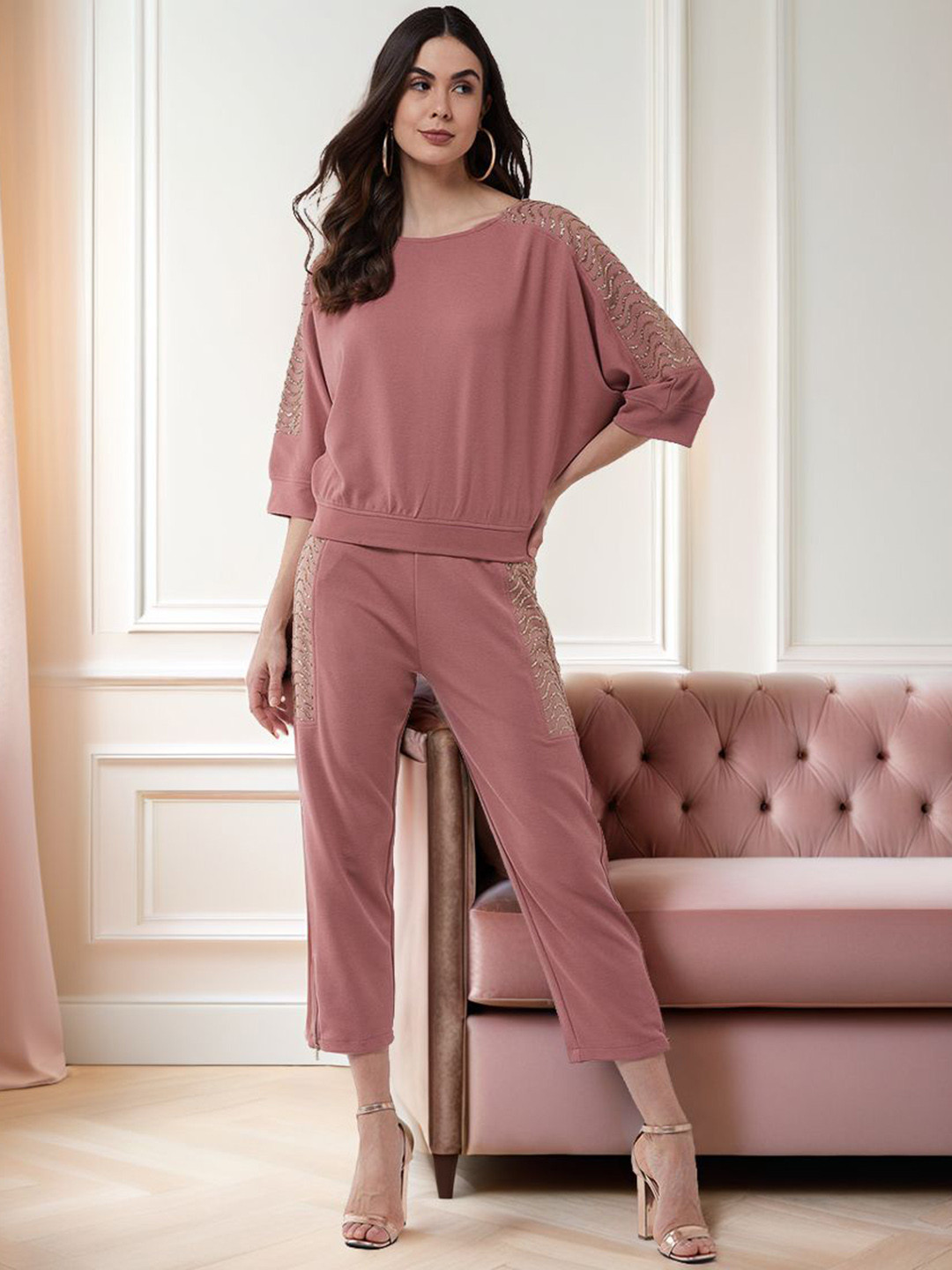 Zima Leto Shimmer Boat Neck Loose Fit Top With Trousers Co-Ords