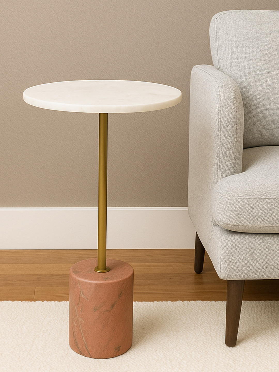 Little Extra White & Brown Marble Bedside Table with Golden Rod