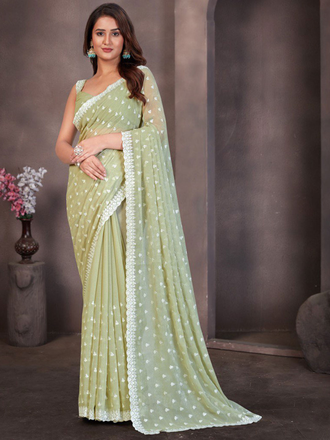 Branzios Floral Embroidered Silk Blend Saree