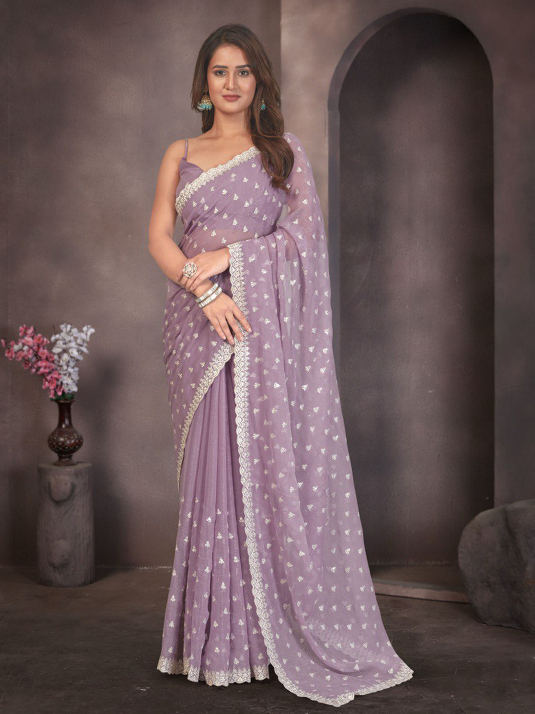 Branzios Striped Embroidered Silk Blend Saree