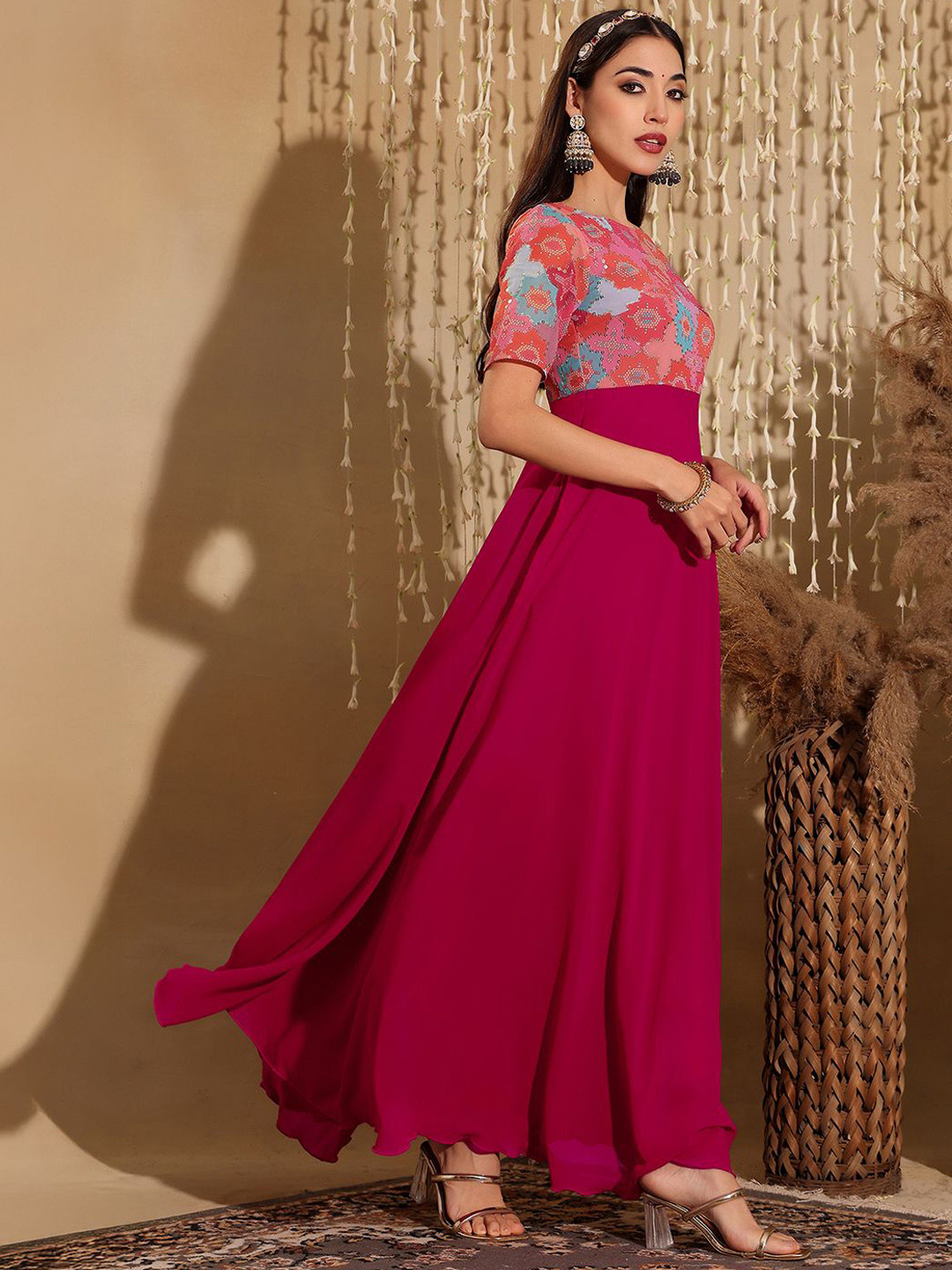 Miss Chase Womens Boat Neck Geometric Fit & Flare Georgette Ethnic Maxi Dress