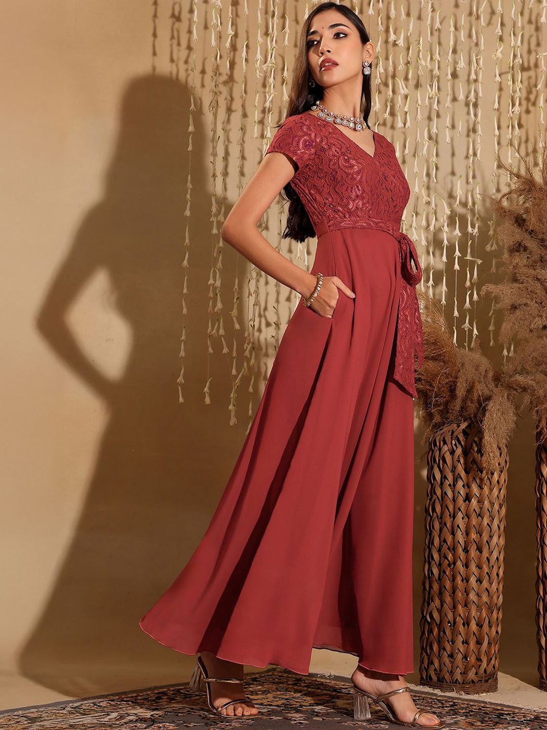 Miss Chase Womens Self-Designed Lace Overlaid Georgette Ethnic Maxi Dress