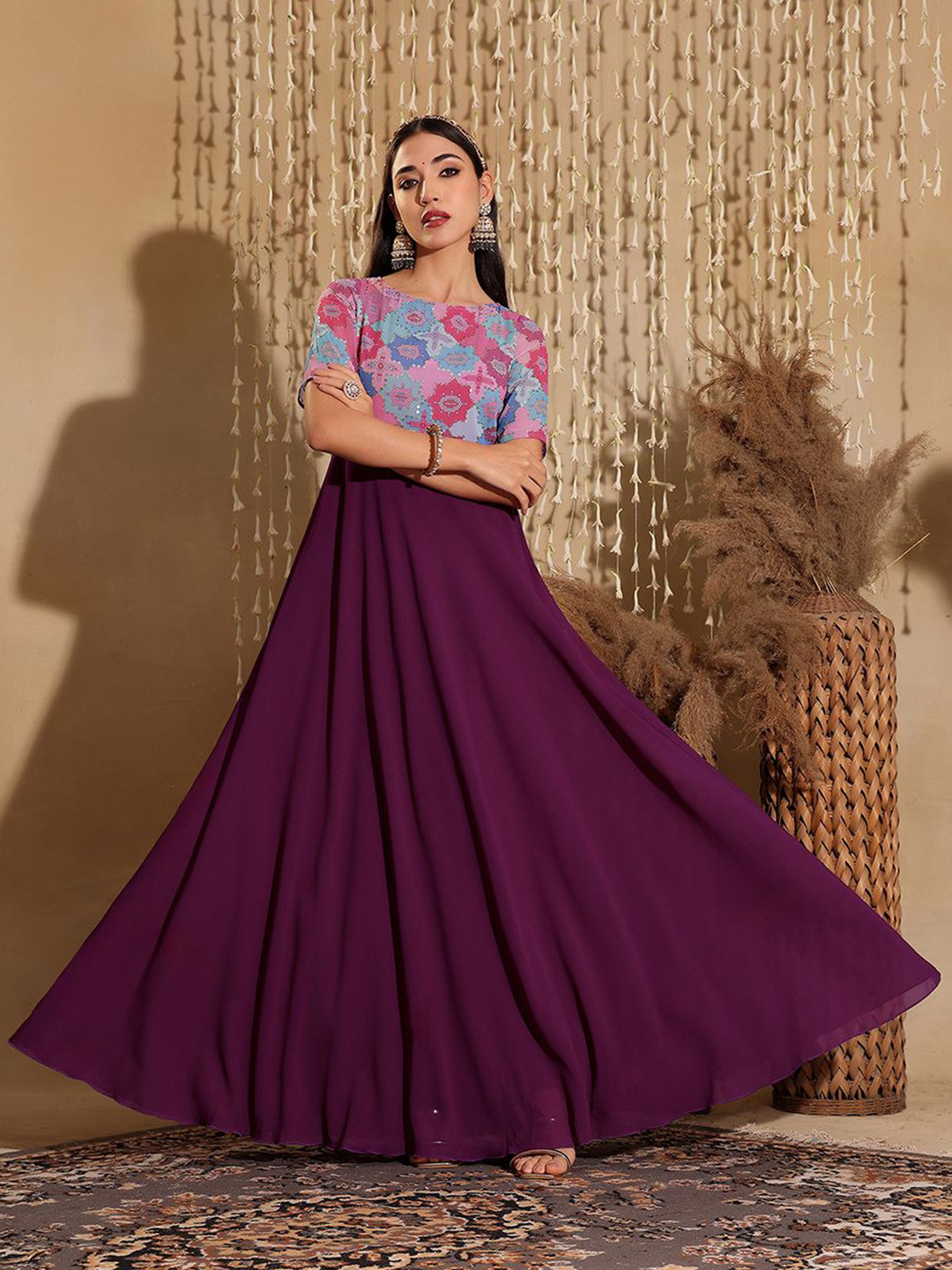 Miss Chase Women Boat Neck Geometric Fit & Flare Georgette Ethnic Maxi Dress