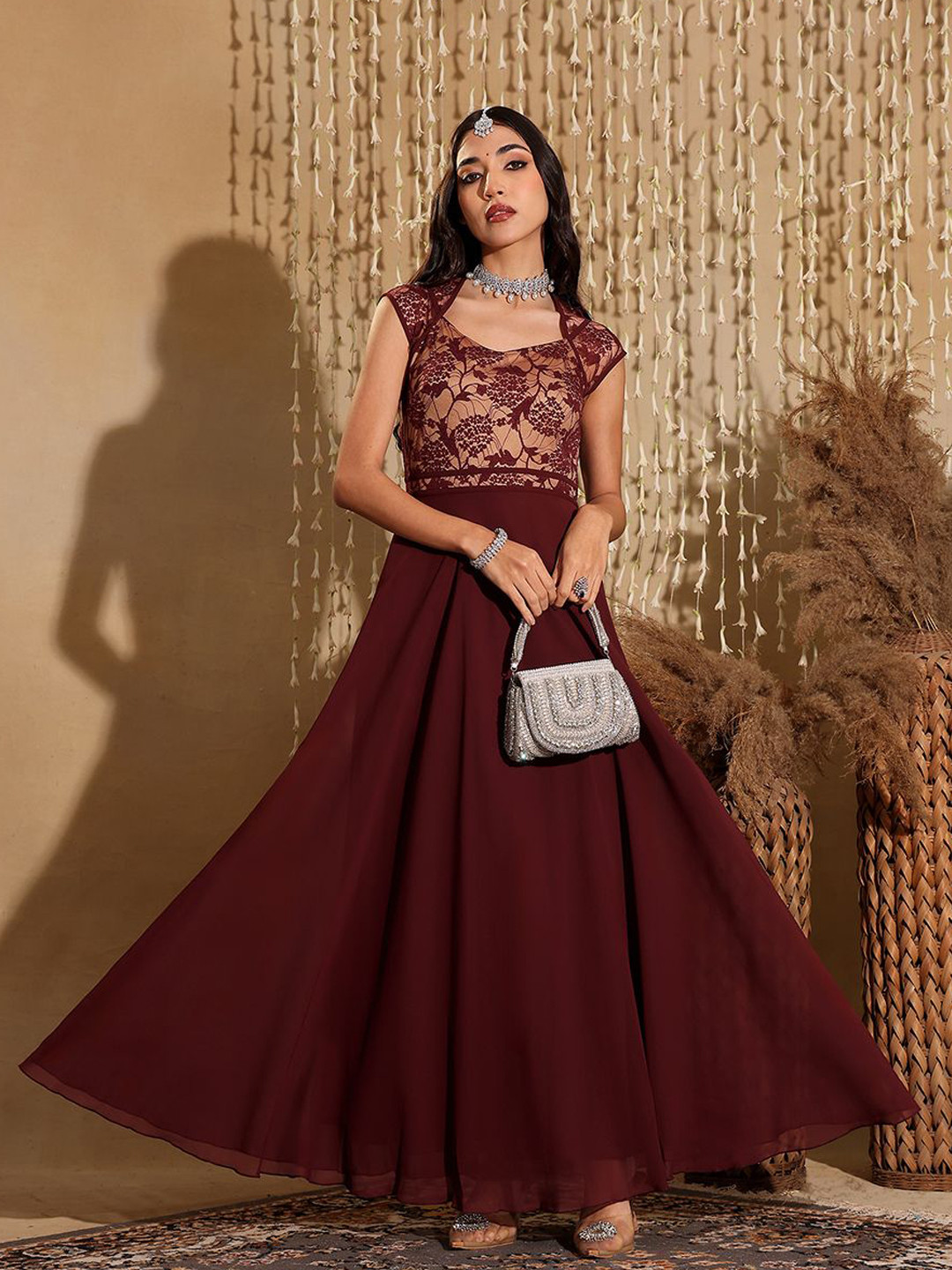 Miss Chase Womens Sweet-Heart Neck Floral Fit & Flare Ethnic Maxi Dress