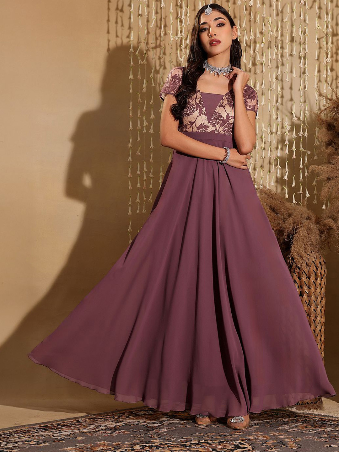 Miss Chase Womens Square Neck Raglan Sleeve Self Design Lace Overlaid Ethnic Maxi Dress