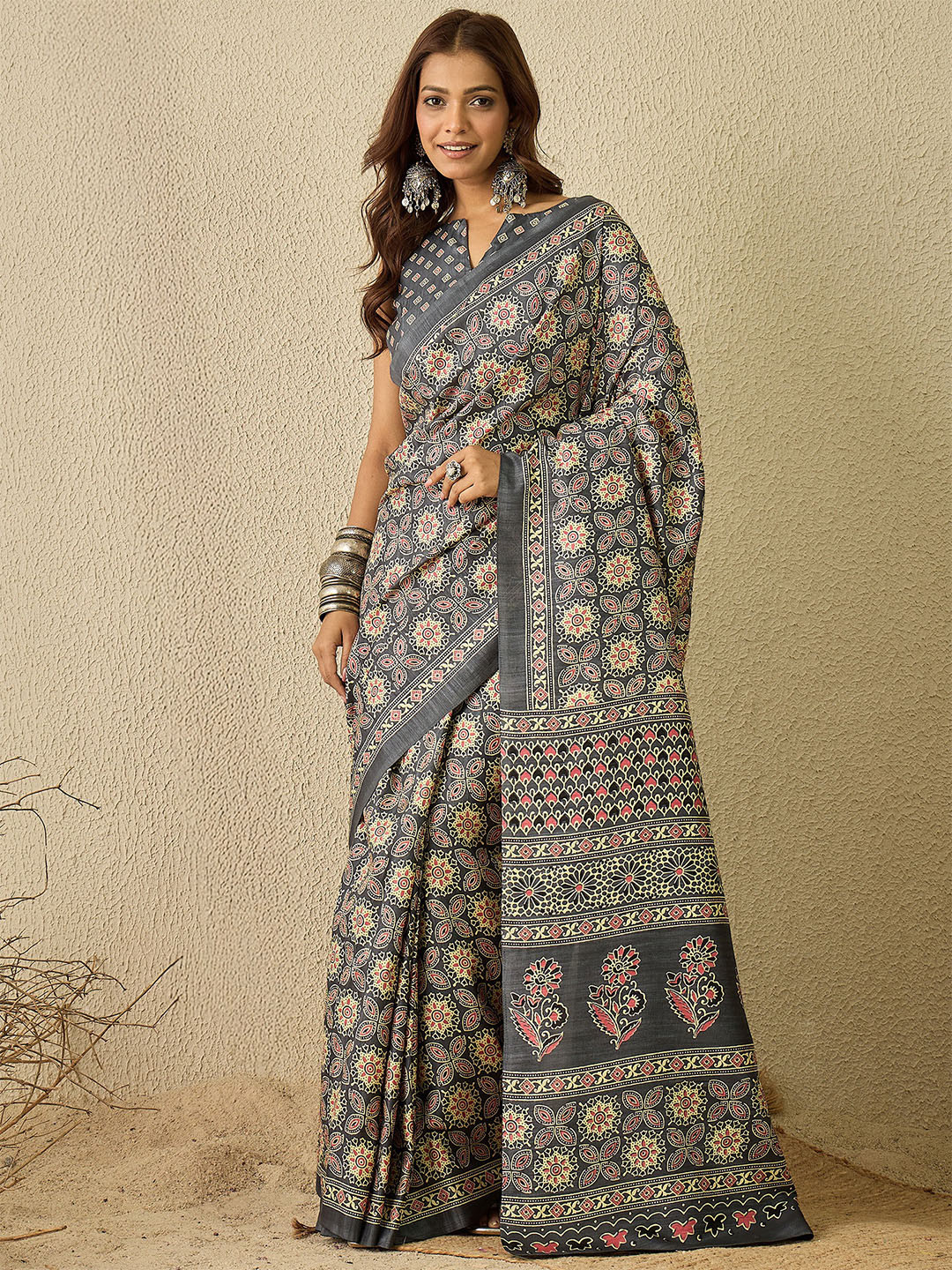 Mitera modal Ajrak Block Block Print Ready to Wear SareeWith Blouse Piece