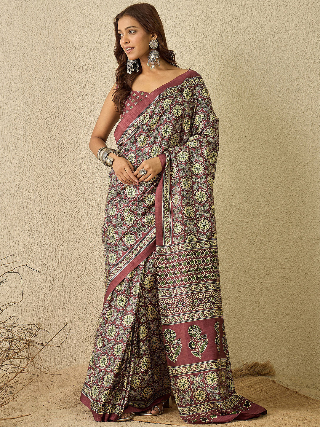 Mitera modal Ajrak Block Block Print Ready to Wear SareeWith Blouse Piece