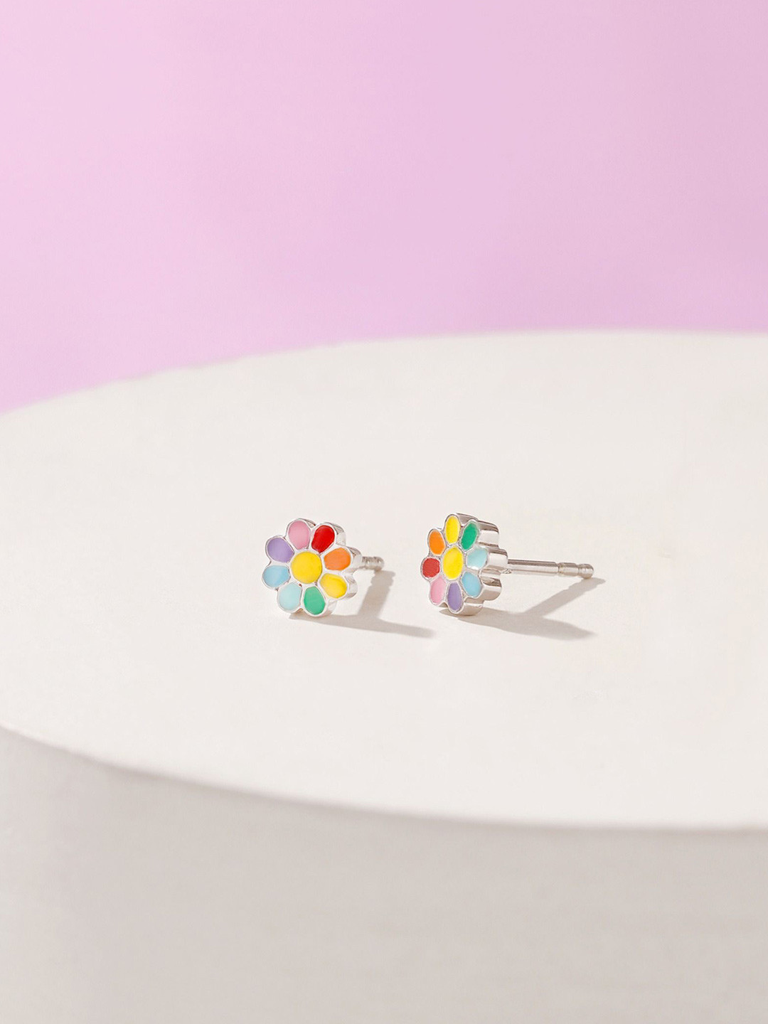 ShimmerTots Girls 925 Sterling Silver Rhodium-Plated Rainbow Daisy Studs Earrings