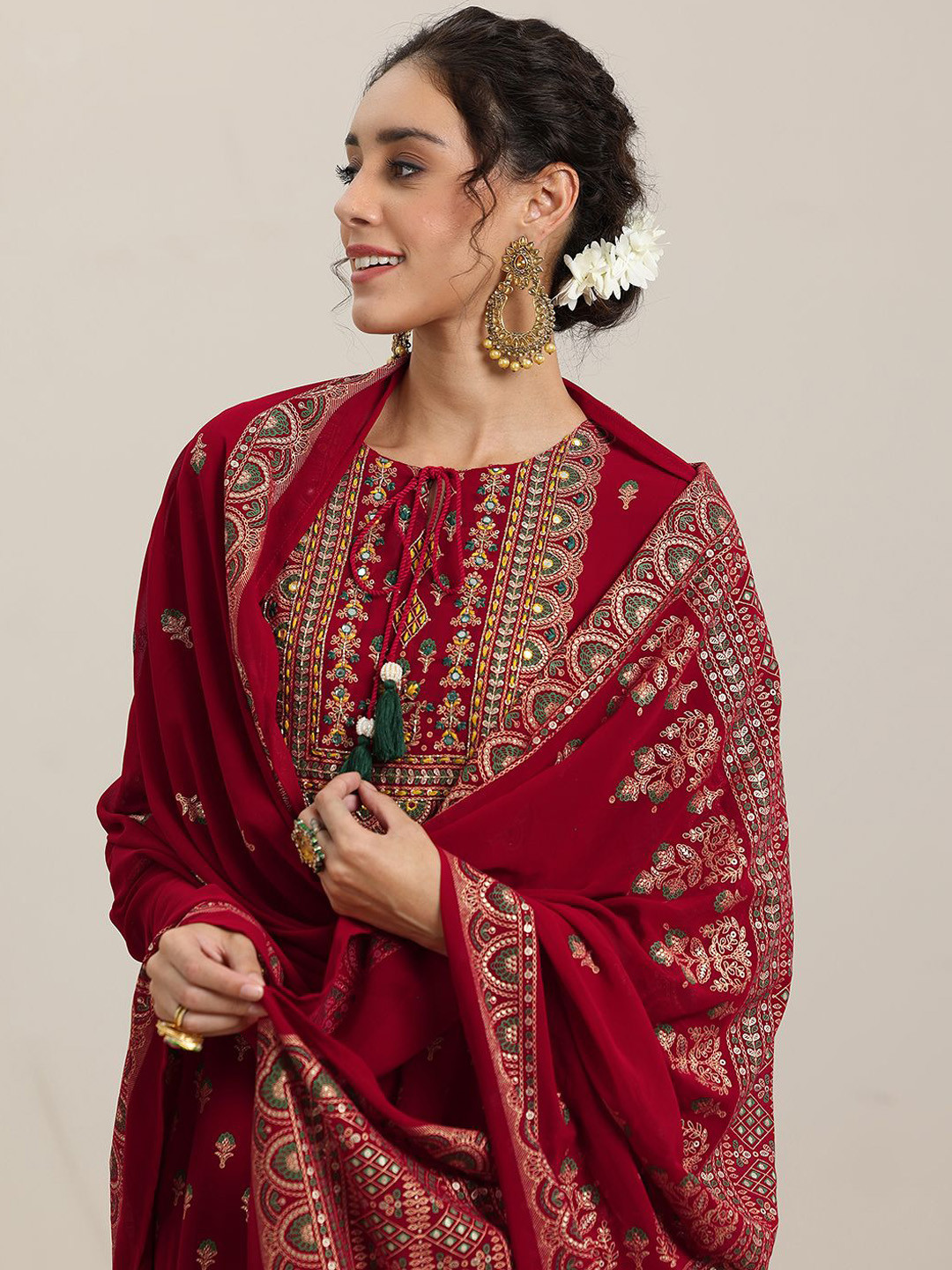 Libas Womens Red Printed Georgette Anarkali Kurta With Trousers & Dupatta