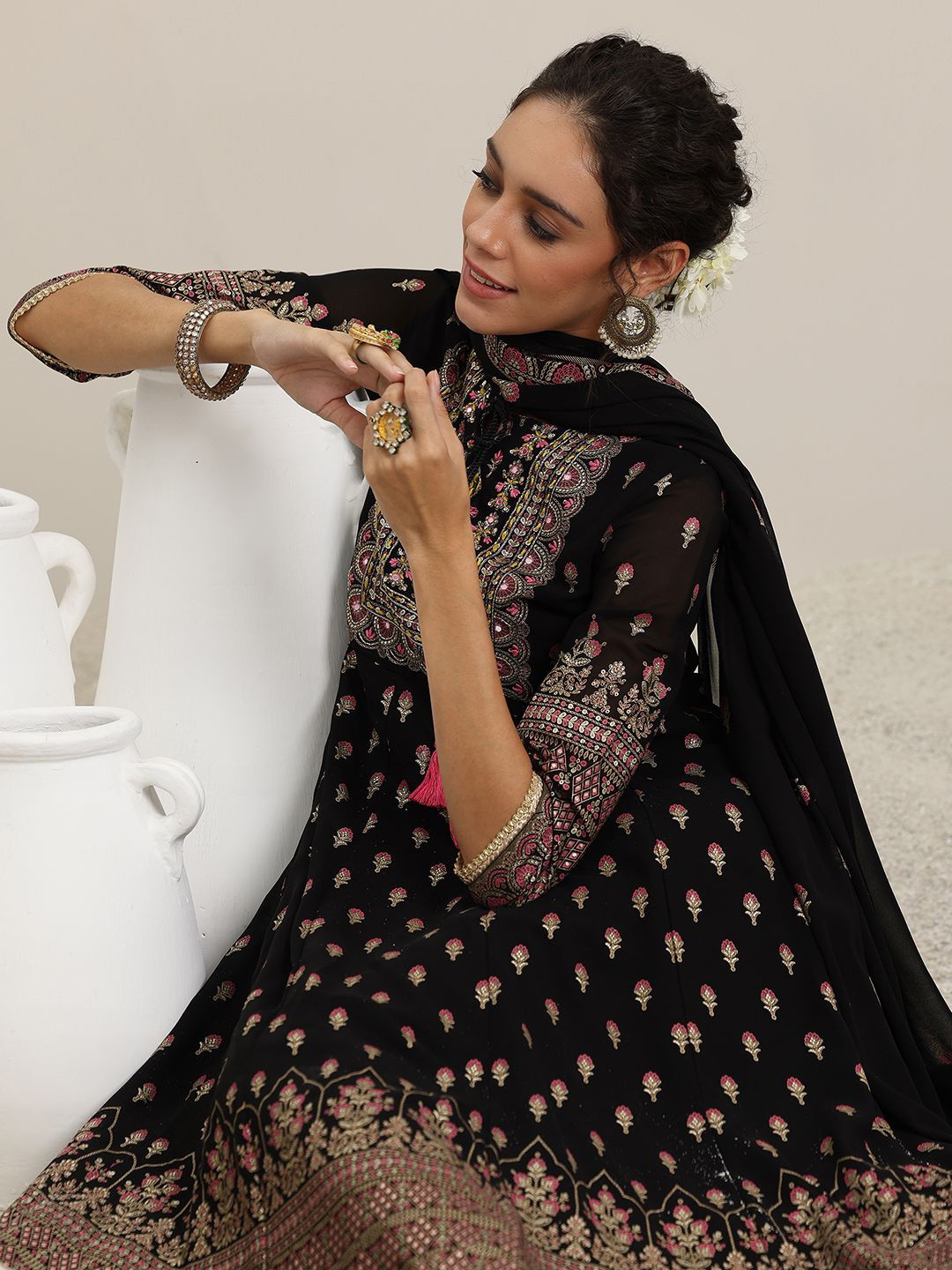 Libas Womens Black Printed Georgette Anarkali Kurta With Trousers & Dupatta