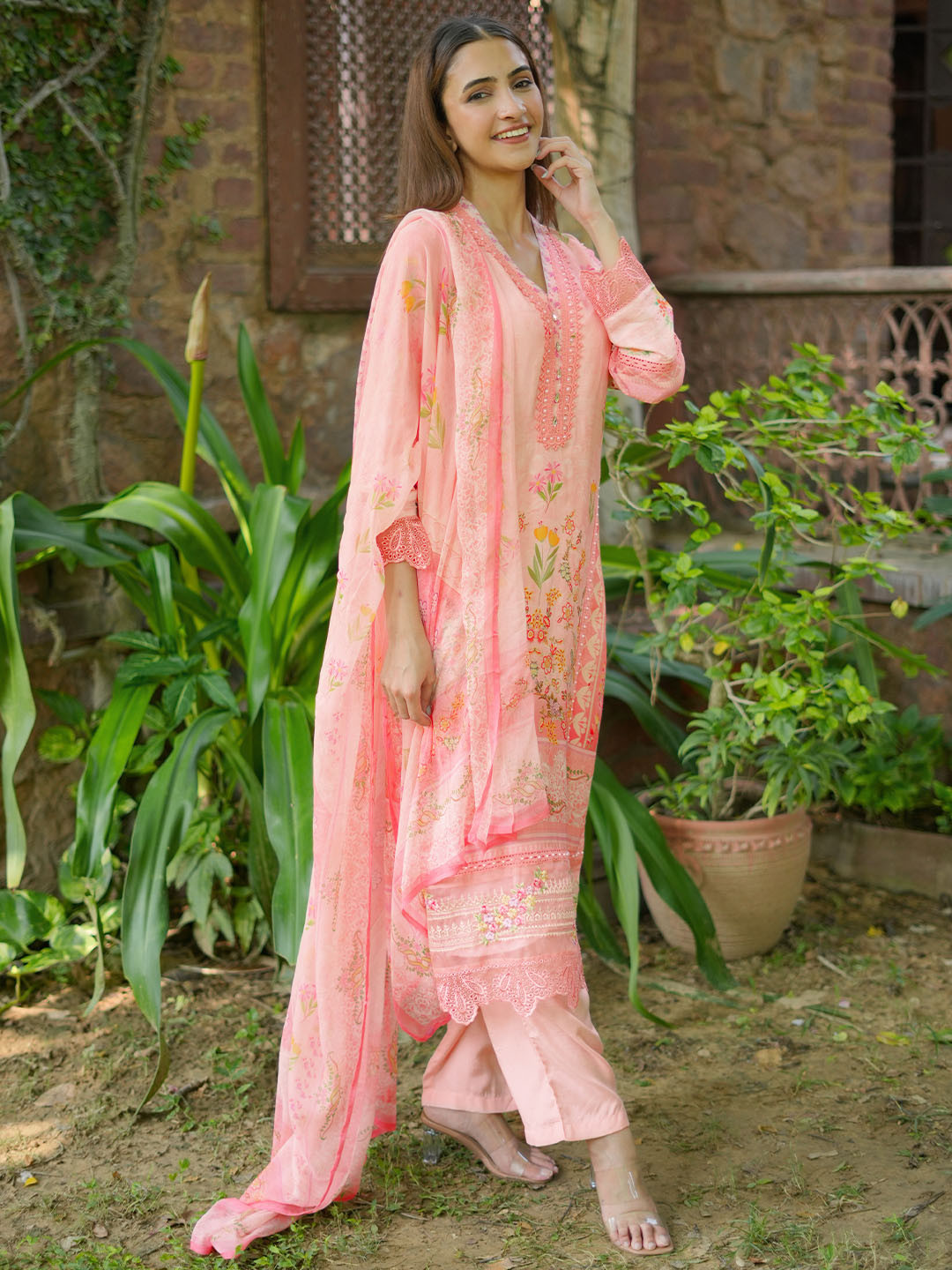 Libas Floral Printed V-Neck Straight Kurta With Trousers And Dupatta