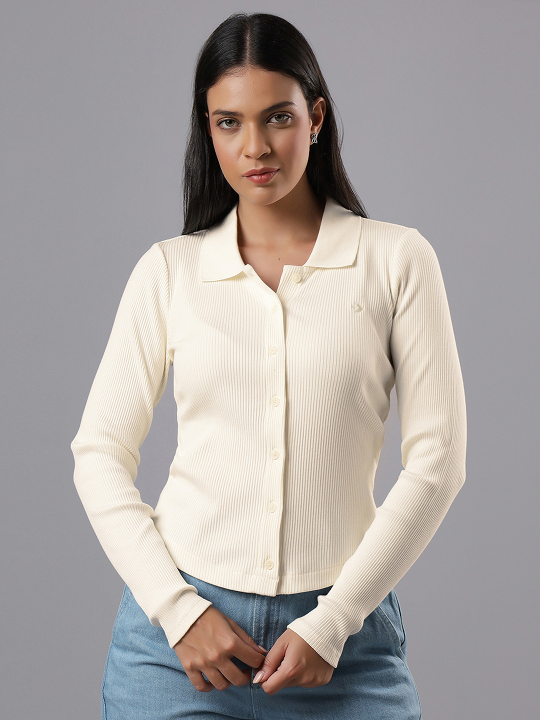 Converse Women Ribbed Button-Up Long Sleeve Polo Shirt