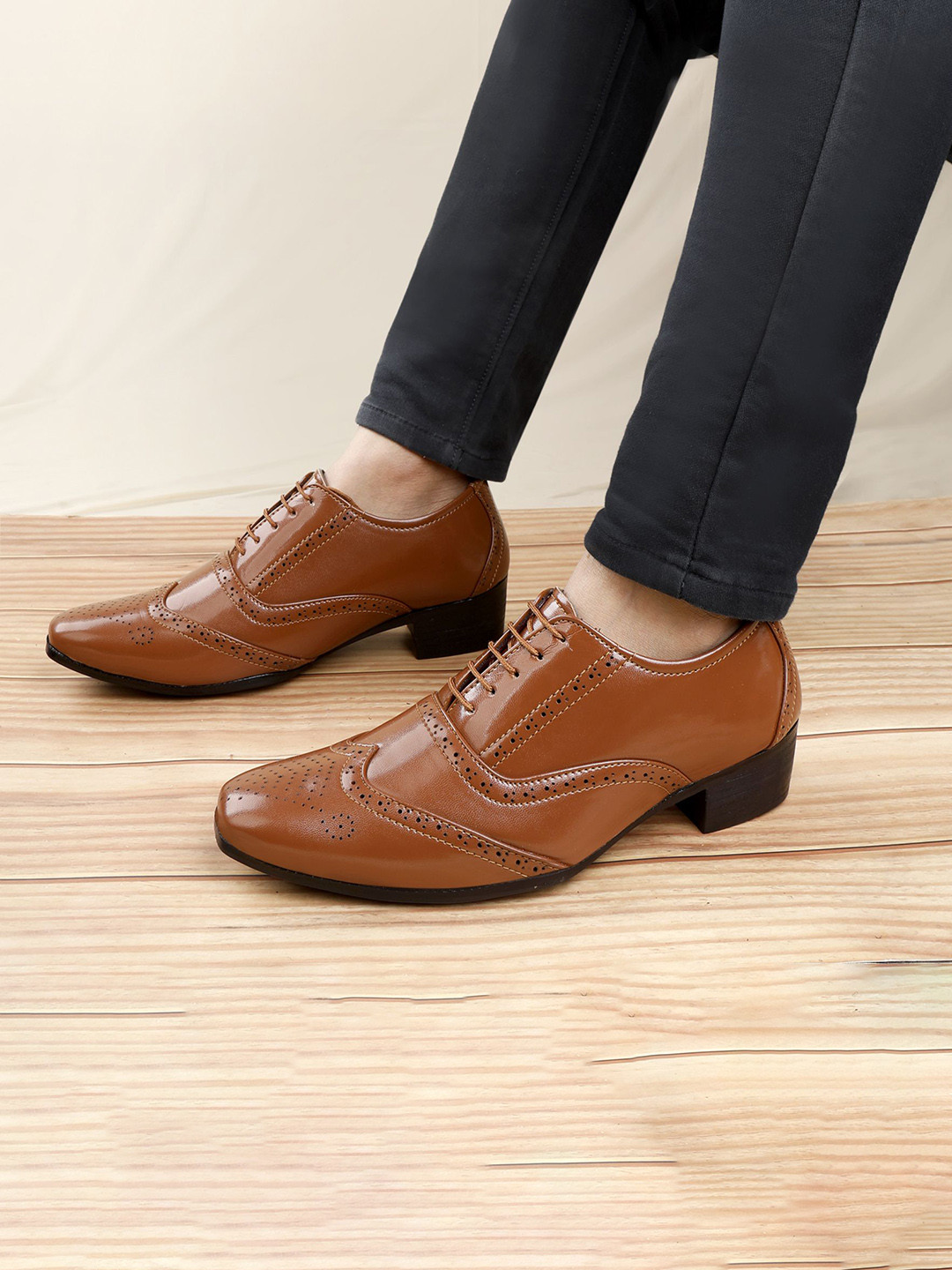 Bxxy Men 2 Inch Heel Height Increasing Formal Full Brogue Oxford Lace-up Shoe