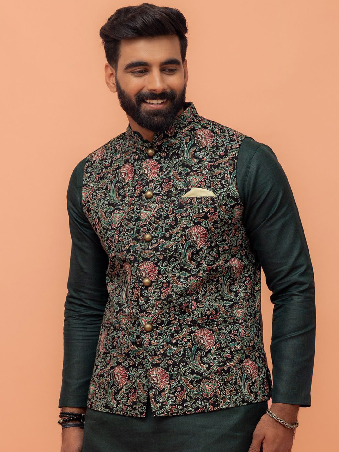 KISAH Kantha-Printed Mandarin Collar Nehru Jacket
