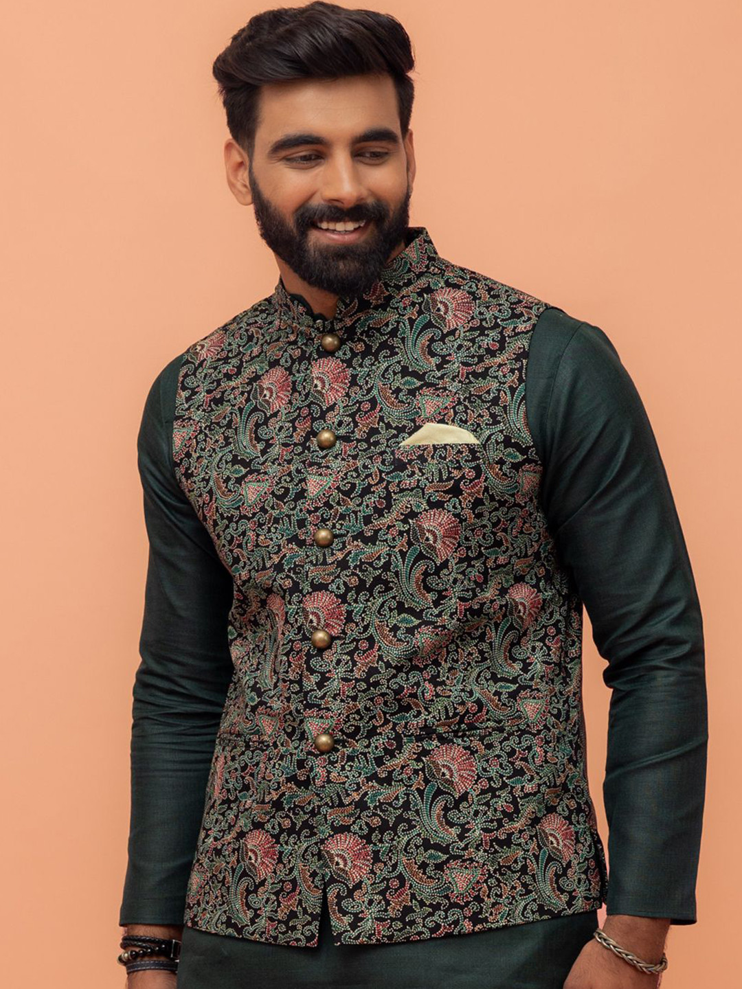 KISAH Kantha-Printed Mandarin Collar Nehru Jacket