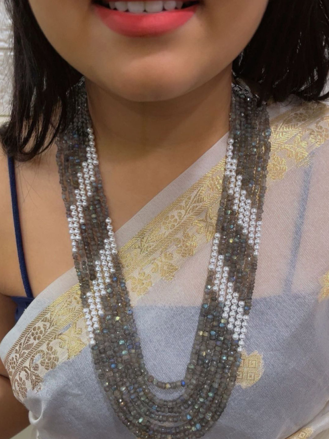 Raj Gems Natural Labradorite & Pearls Gemstone Beaded Necklace Jewellery