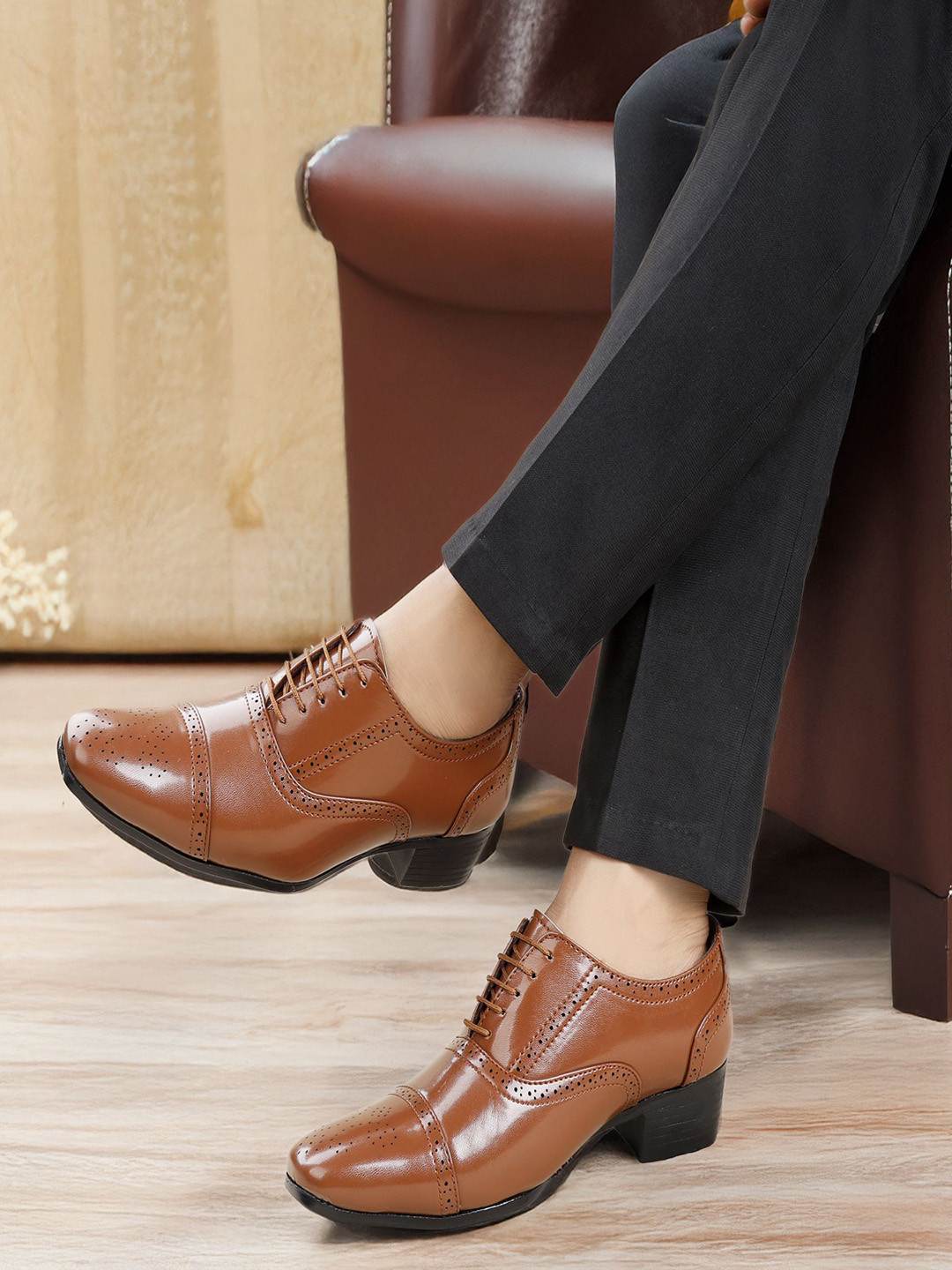Bxxy Men 2 Inch Heel Height Increasing Formal Semi Brogue Oxford Lace-up Shoe