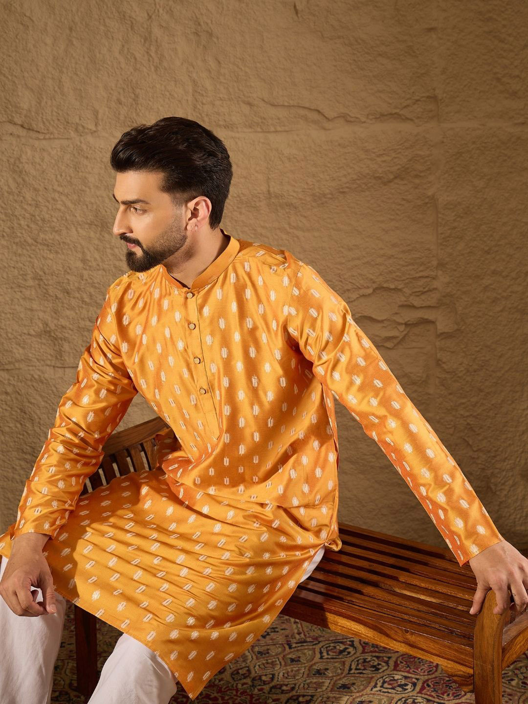 House of Pataudi Ikat Print Mandarin Collar Straight Kurta