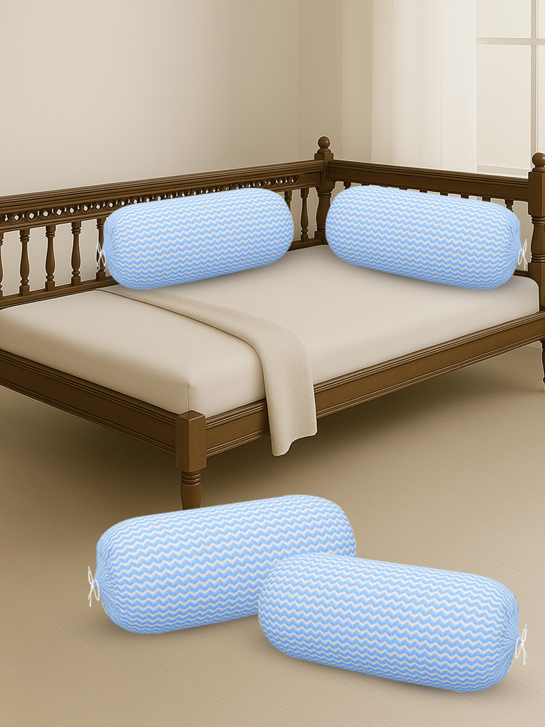 Kuber Industries Set Of 4 Blue & White Zig Zag Printed Microfibre Bolster Covers