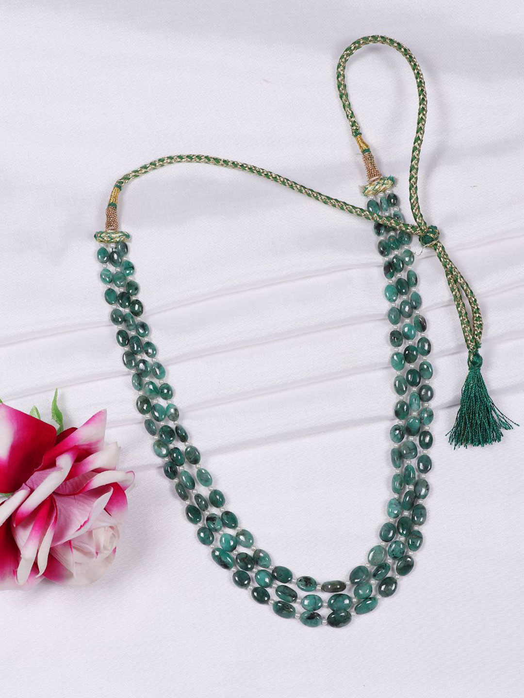 Raj Gems Emerald & Pearls Gemstone Beaded Layered Necklace