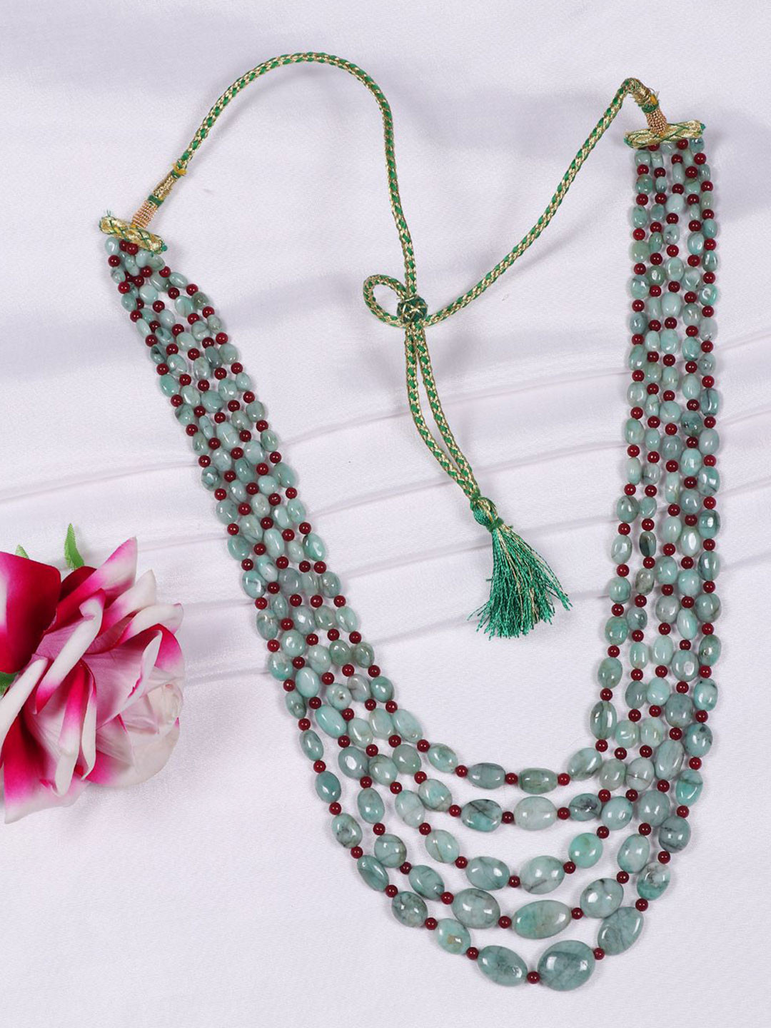Raj Gems Emerald & Red Jade Gemstone Beaded Layered Necklace