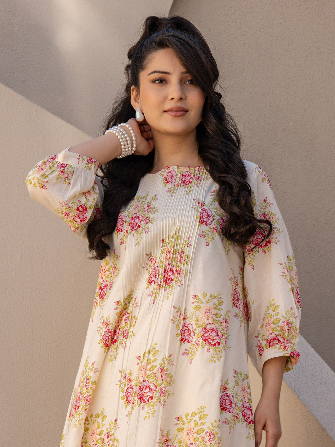 Indo Era Floral Printed A Line Pure Cotton Kurta With Trousers