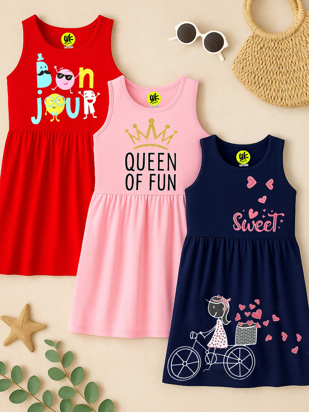 YK Girl Pack of 3 Print Round Neck A-Line Cotton Dress