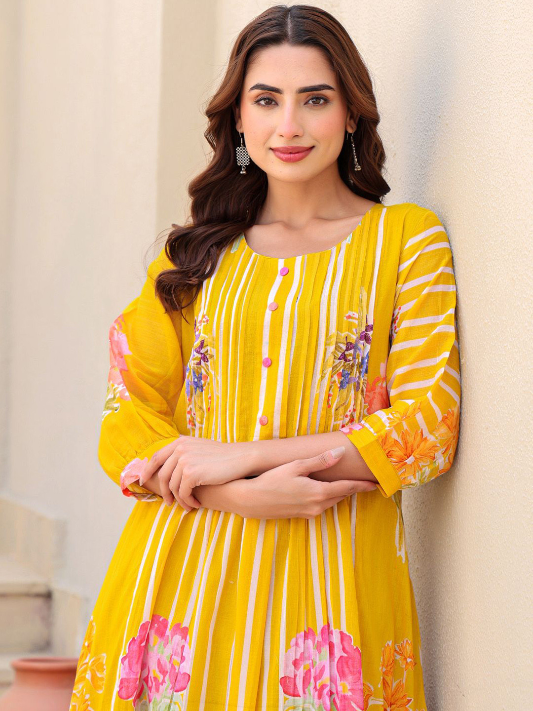 Indo Era Floral Printed A-Line Pure Cotton Kurta With Trousers