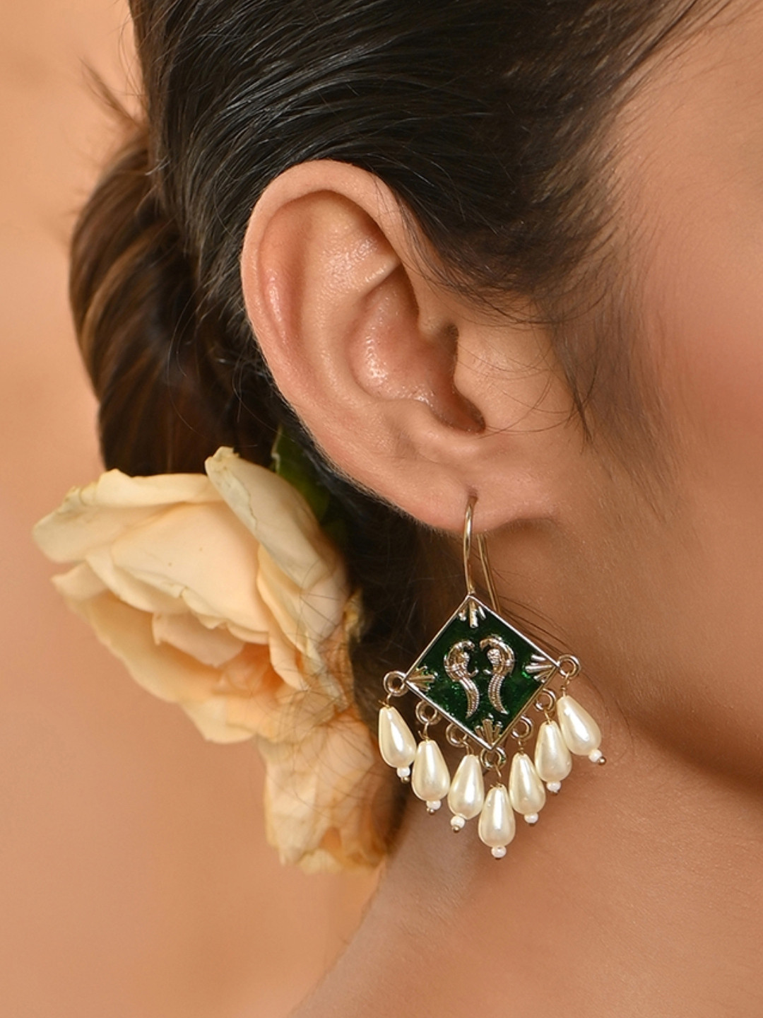 Fida Gold-Plated Artificial Beads Beaded Diamond Shaped Meenakari Drop Earrings