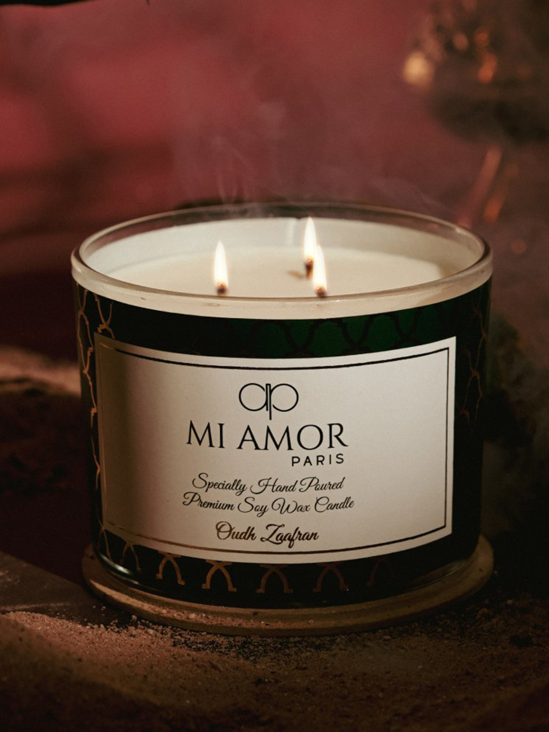 MI AMOR PARIS Oudh Zaafran Lead-Free Wick 3 Wick Scented Geometric Jar Candles