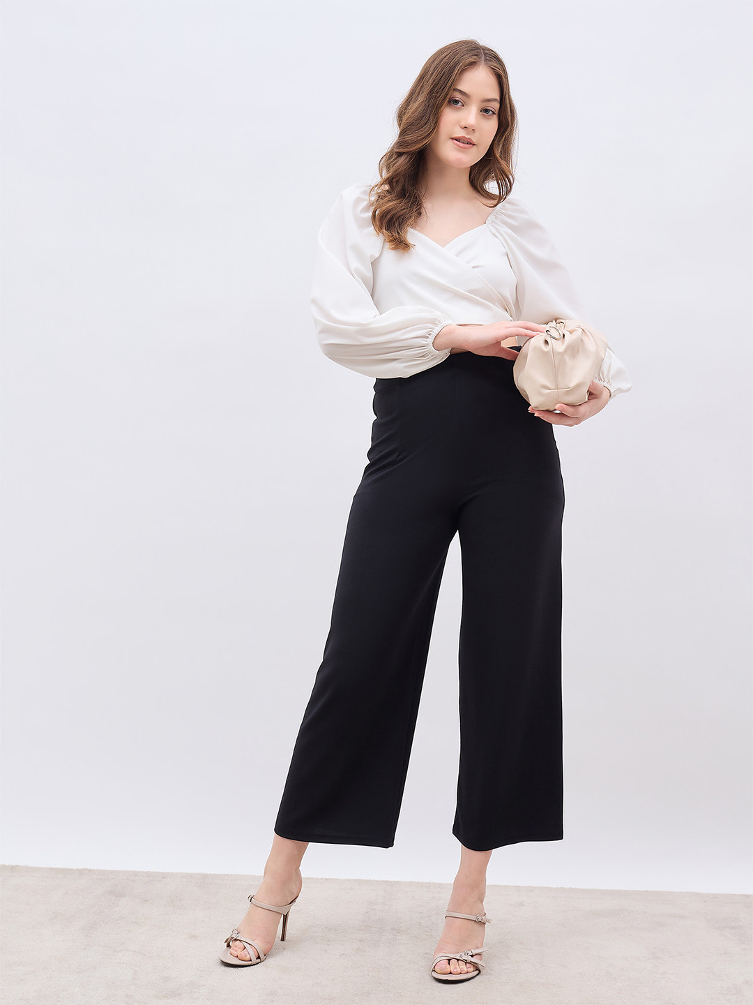 Styli Women Regular Fit High-Rise Wide Leg Trousers With Invisible Waist And Darts