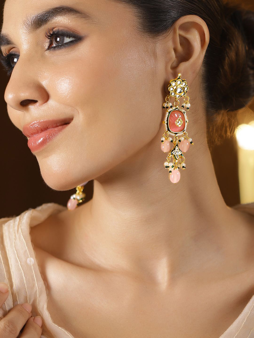 Rubans 22K Gold-Plated Pink Kundan Stone with Green & White Beaded Floral Dangler Earring