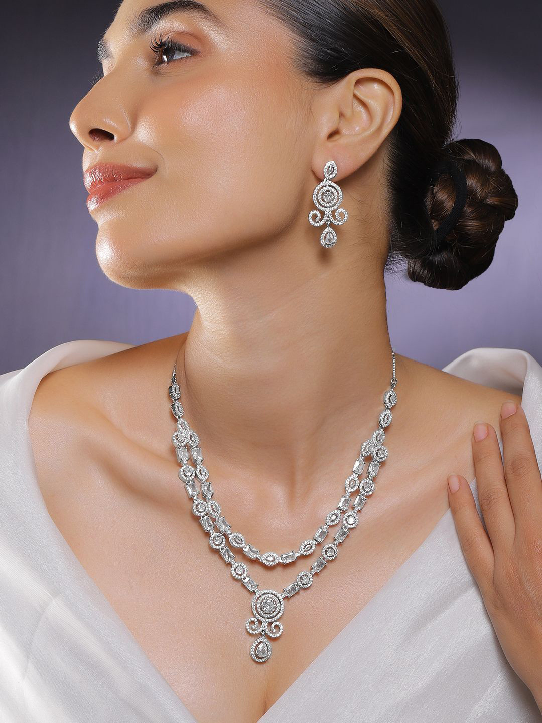 Rubans Rhodium-Plated Baguette-cut Cubic Zirconia Studded Luxe Double-Layer Necklace Set