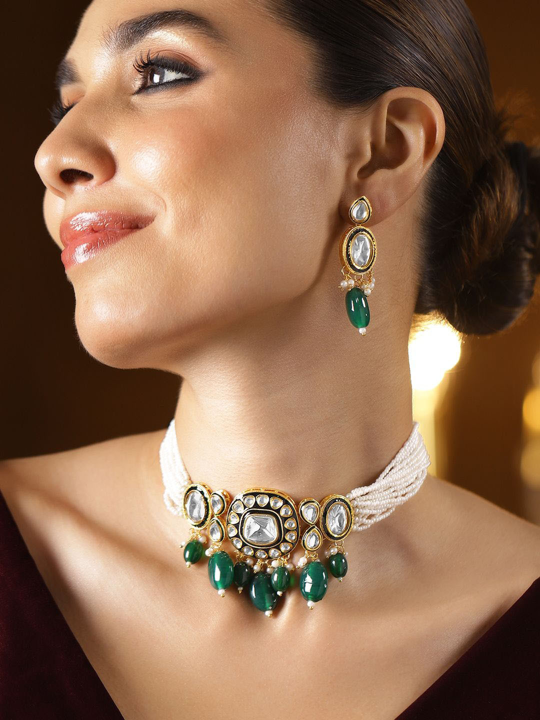 Rubans 22K Gold-Plated White Kundan & Emerald Green Beaded Pearl-Strands Jewellery Set