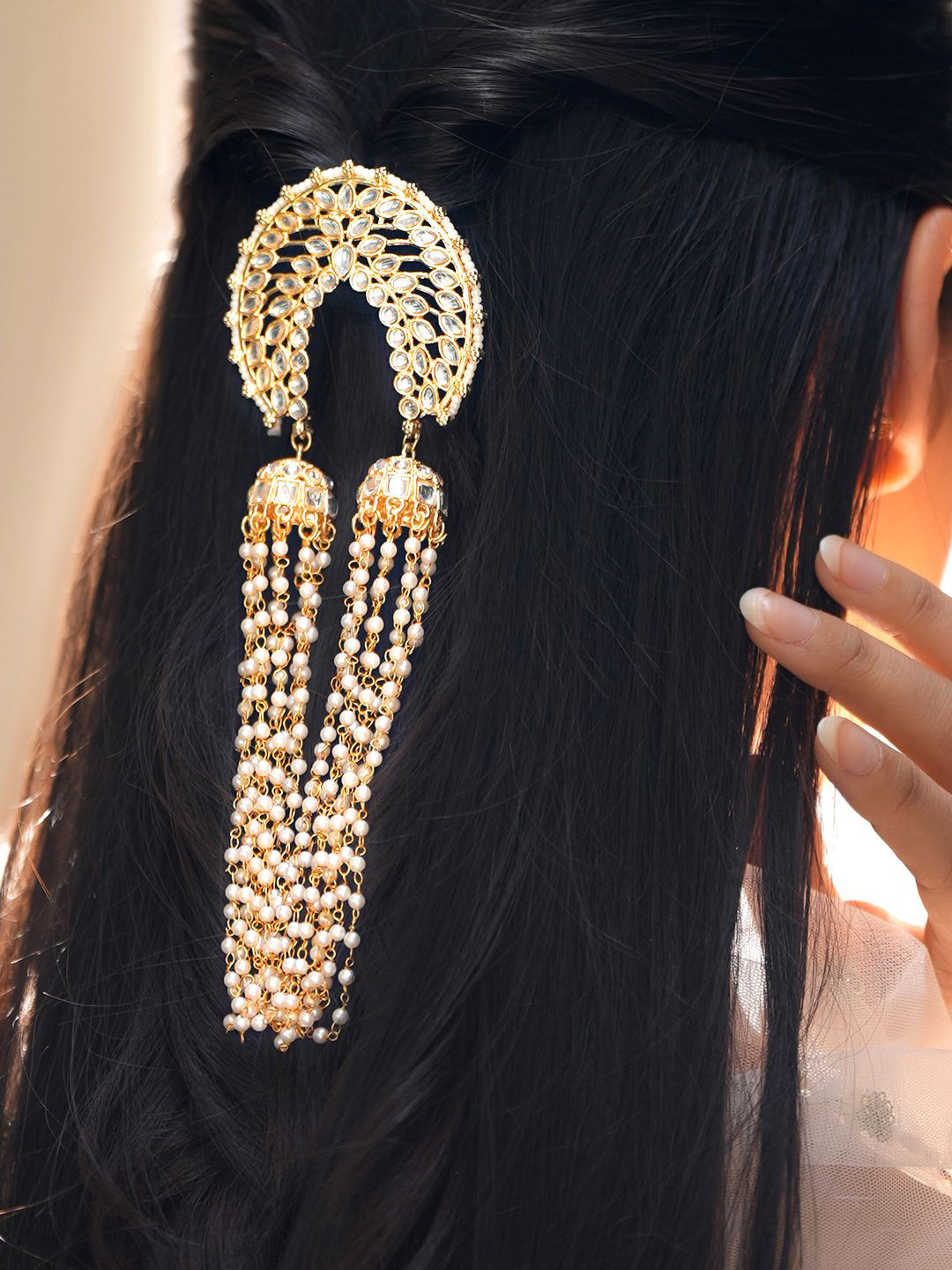 Rubans 18K Gold-Plated Crescent Design Kundan & Pearl Beaded Multilayer Hair Accessory