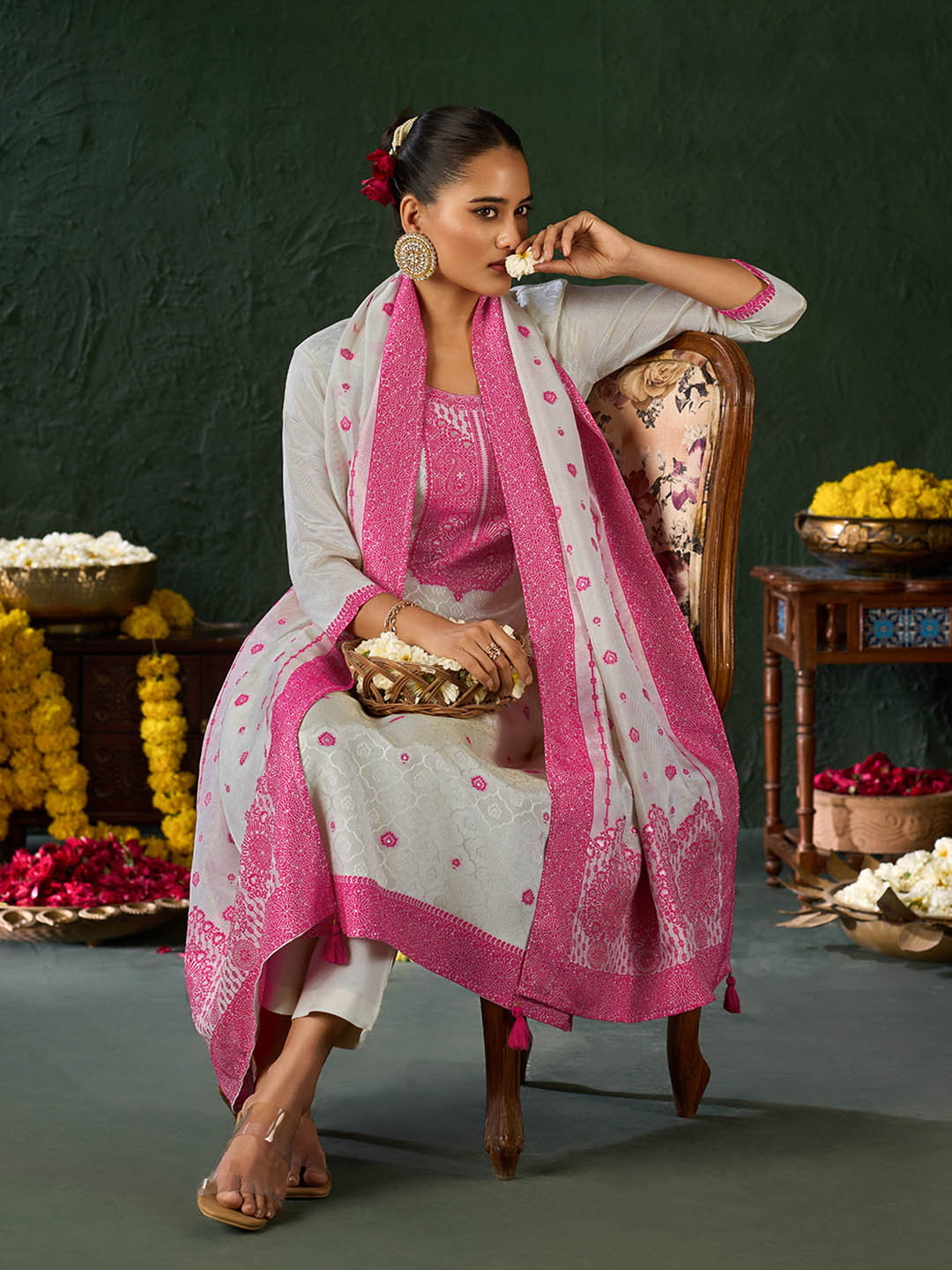 Saanjh Ethnic Motifs Woven Design Pure Tissue Silk Straight Kurta With Trouser And Dupatta