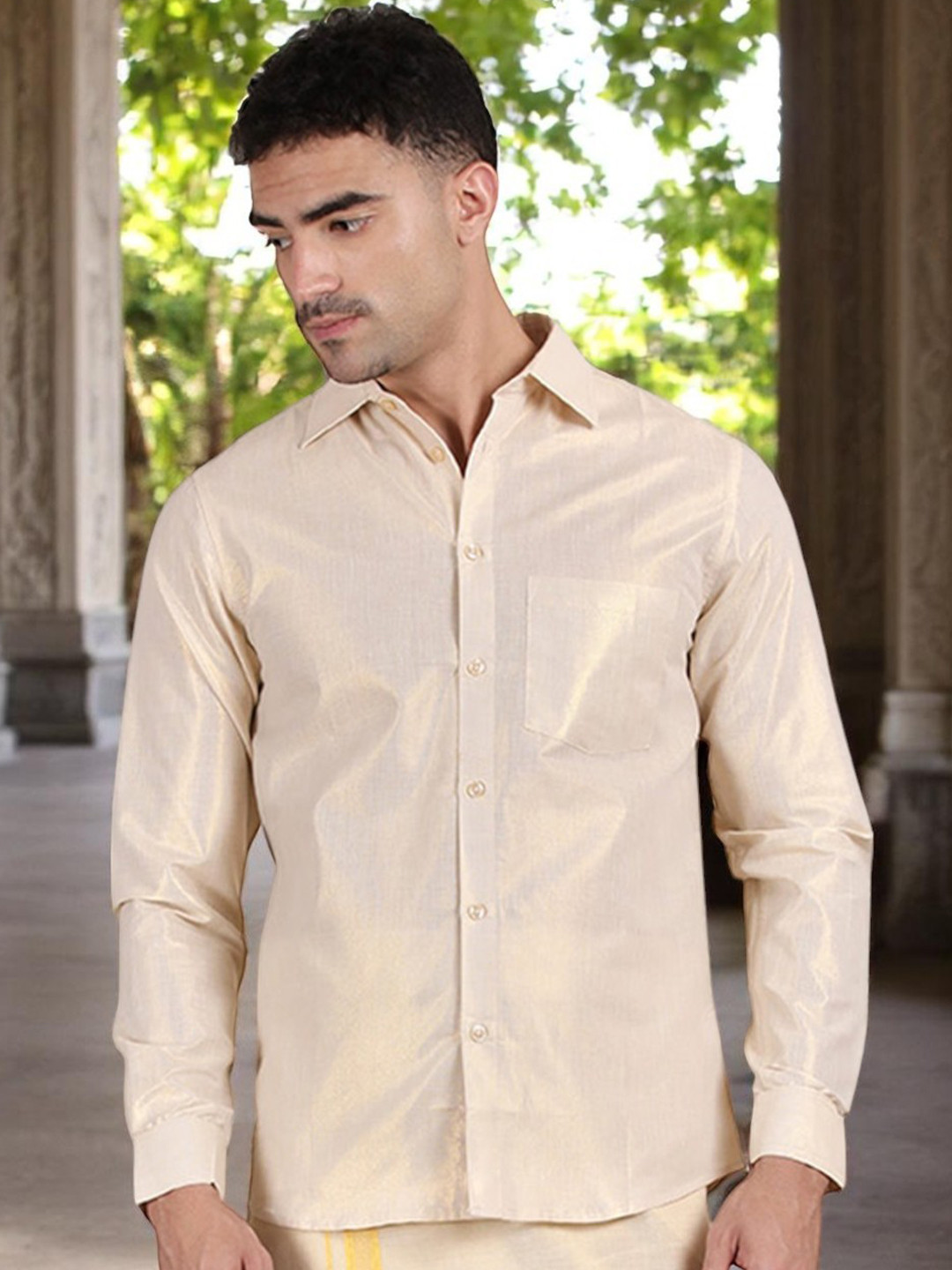 WHITE HEART Men Tissue Gold Solid Regular Fit Long Sleeve Shirt