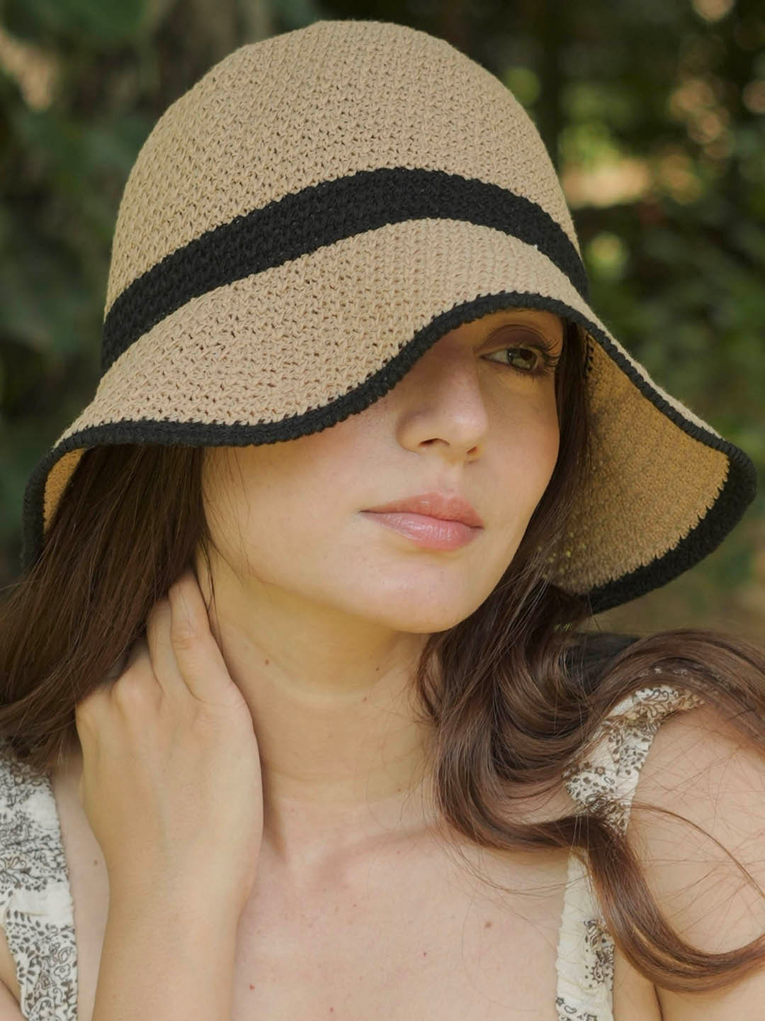HAIR DRAMA CO. Women Beige & Black Handmade Summer Crochet Floppy Knit Bucket Hat
