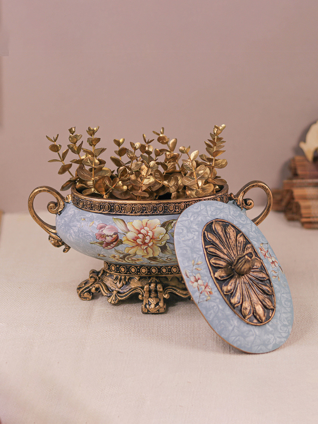 DECOR BAE Flower Printed Container Antique Premium Lid Jar