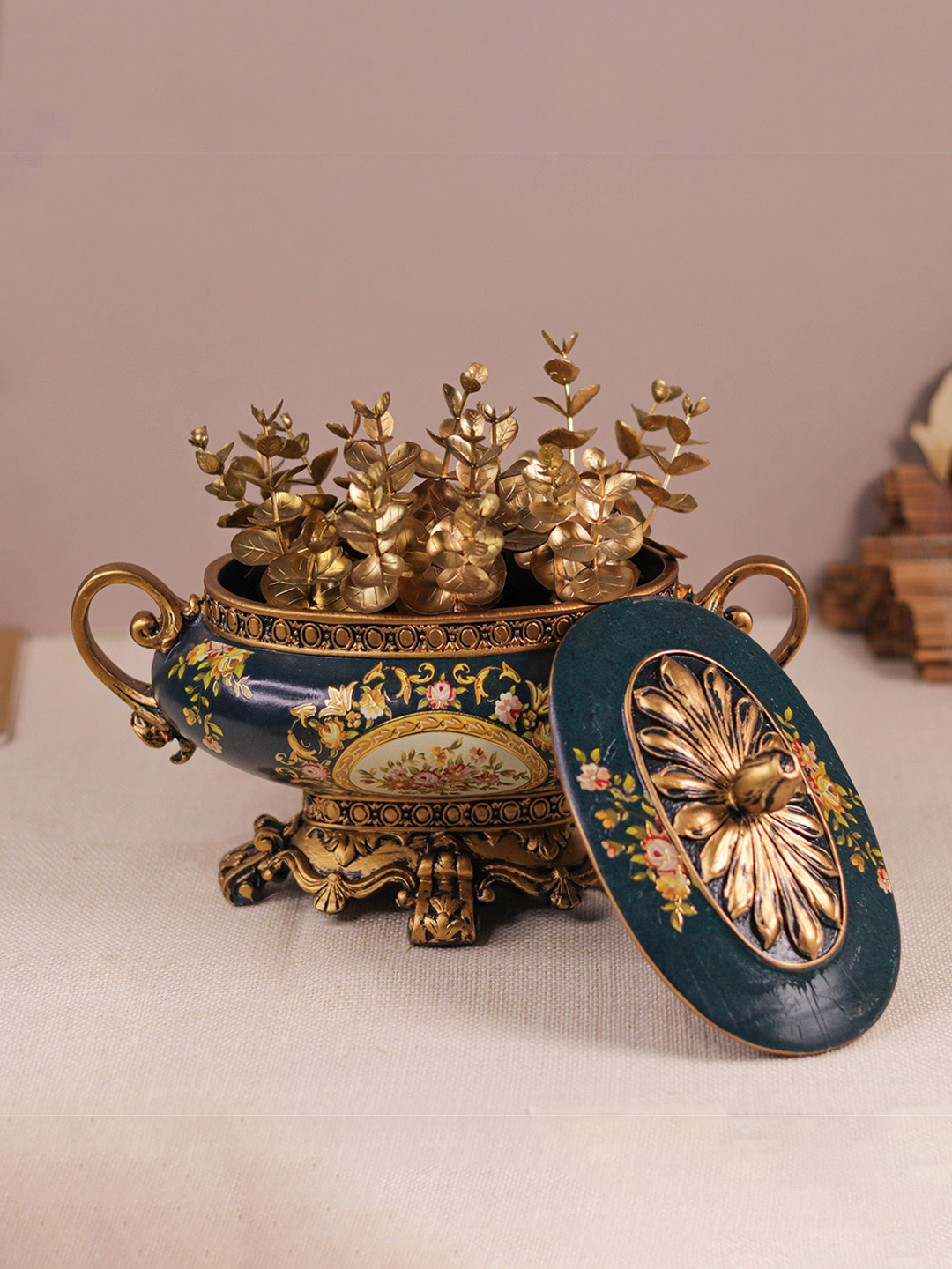 DECOR BAE Flower Printed Container Antique Lid Jar