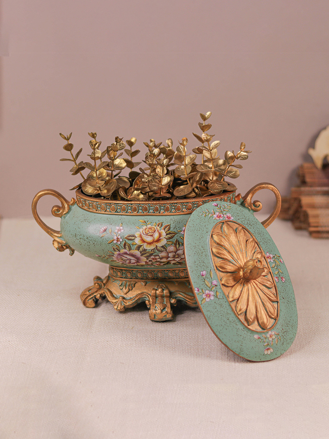 DECOR BAE Gold-Toned Floral Printed Antique Jewellery Box