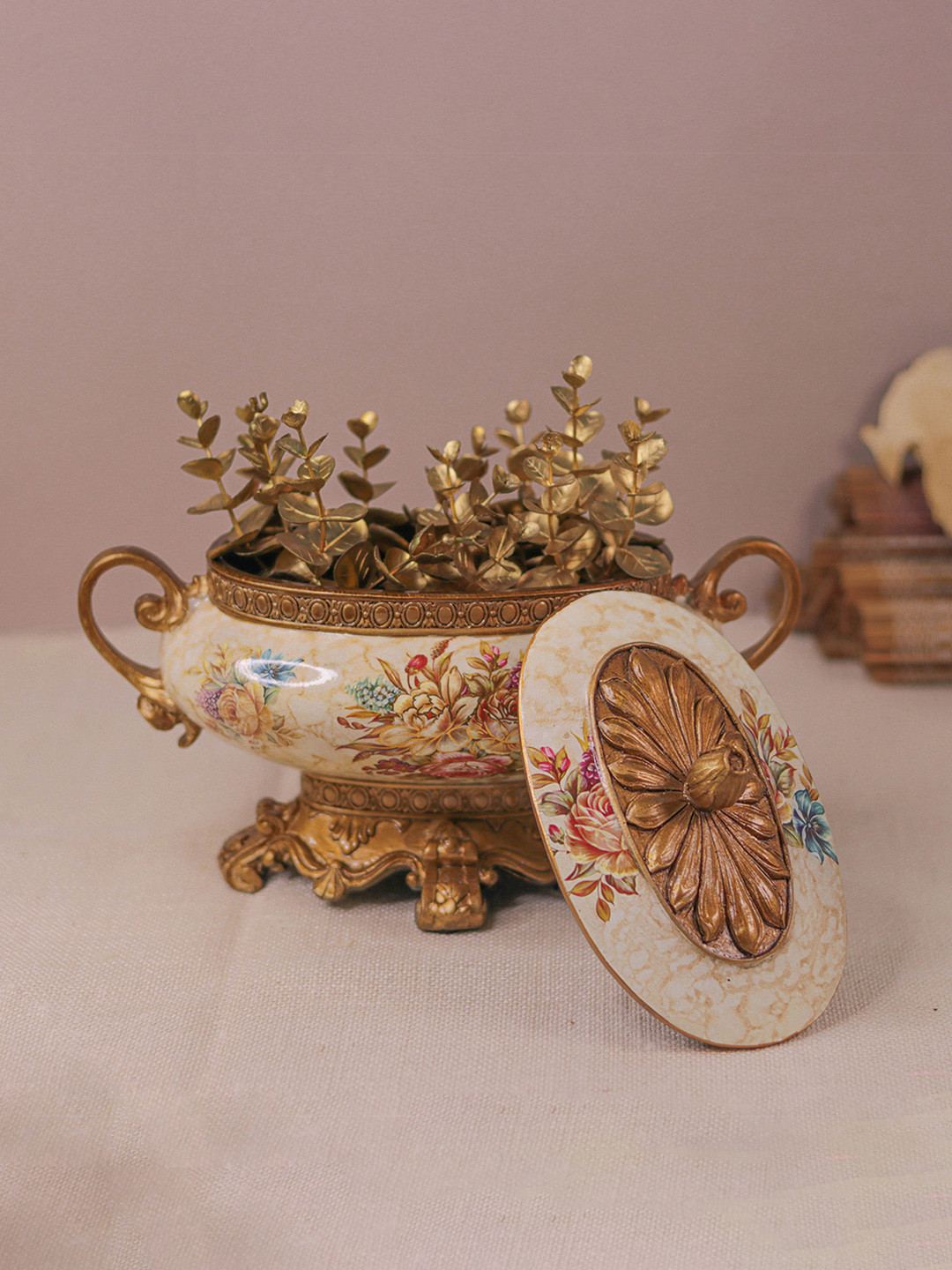 DECOR BAE Gold-Toned Floral Printed Antique Jewellery Box